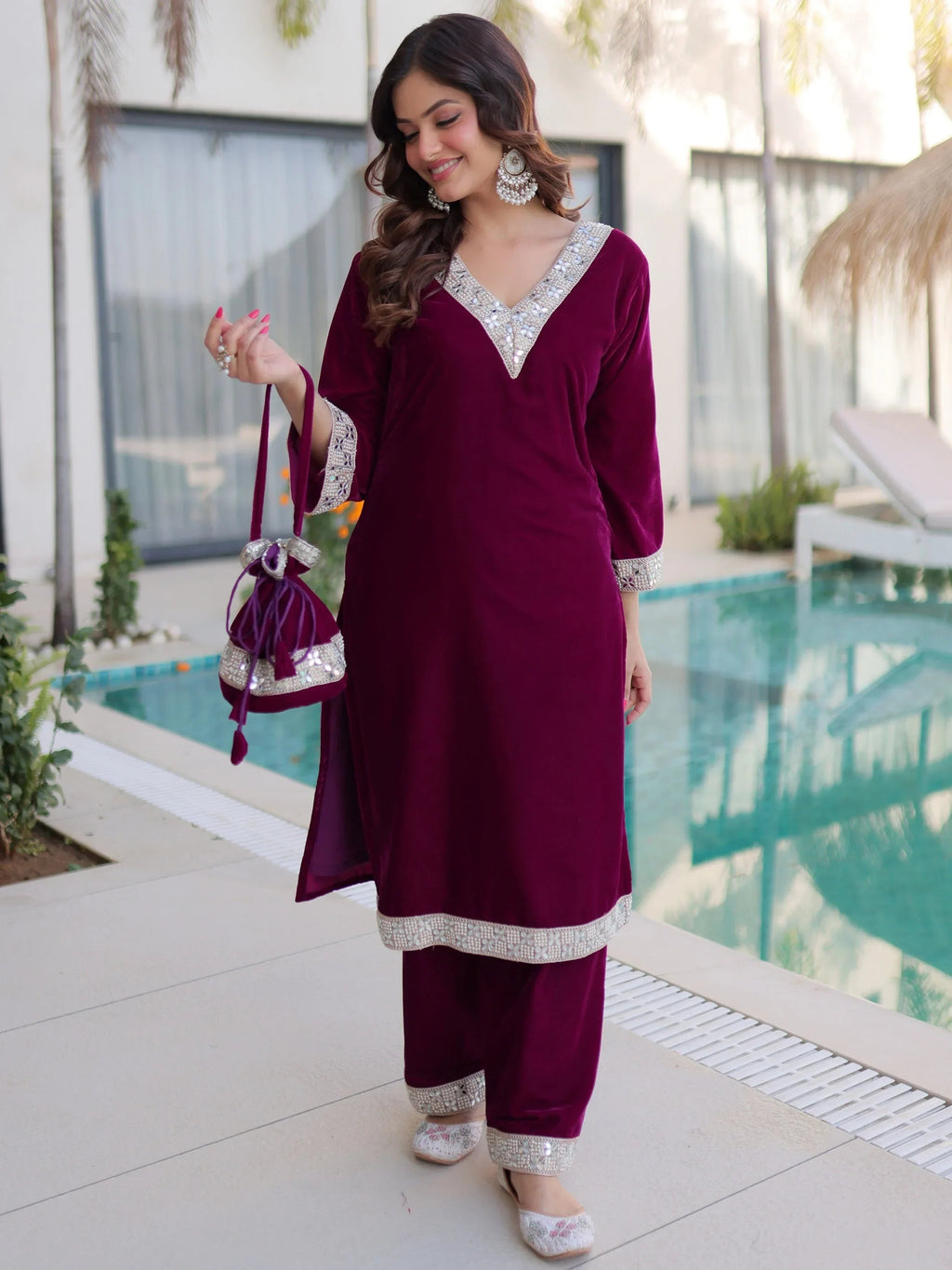 Wine Stylish Zari Embroidered Velvet Wedding Wear Salwar Kameez