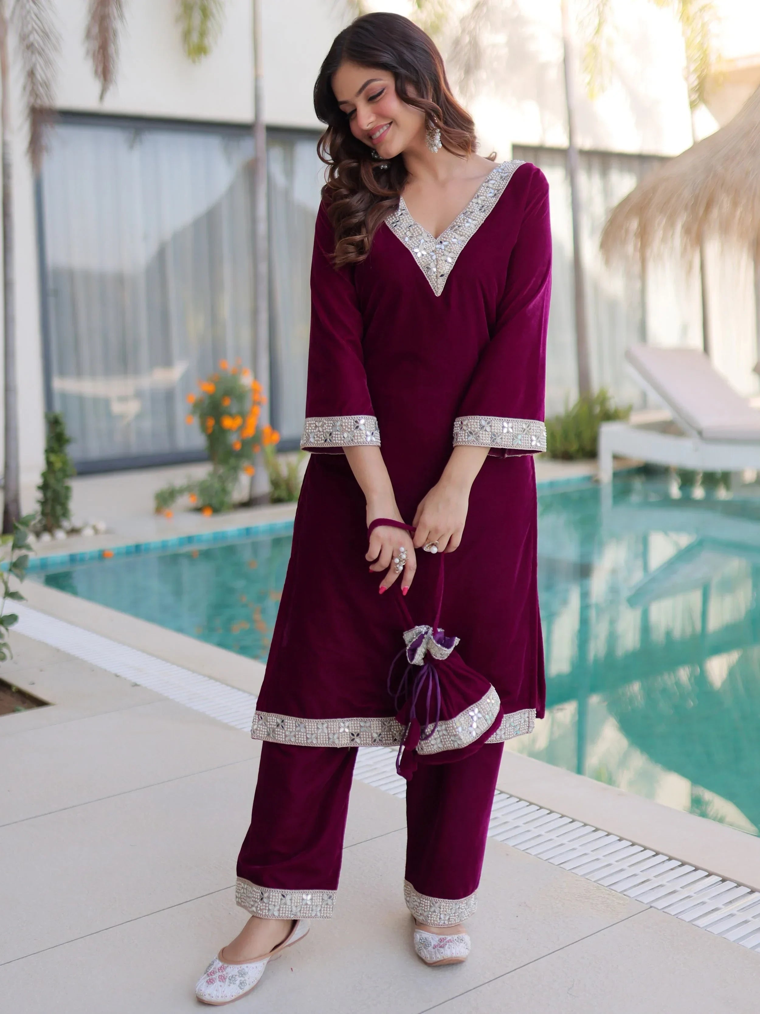 Wine Stylish Zari Embroidered Velvet Wedding Wear Salwar Kameez