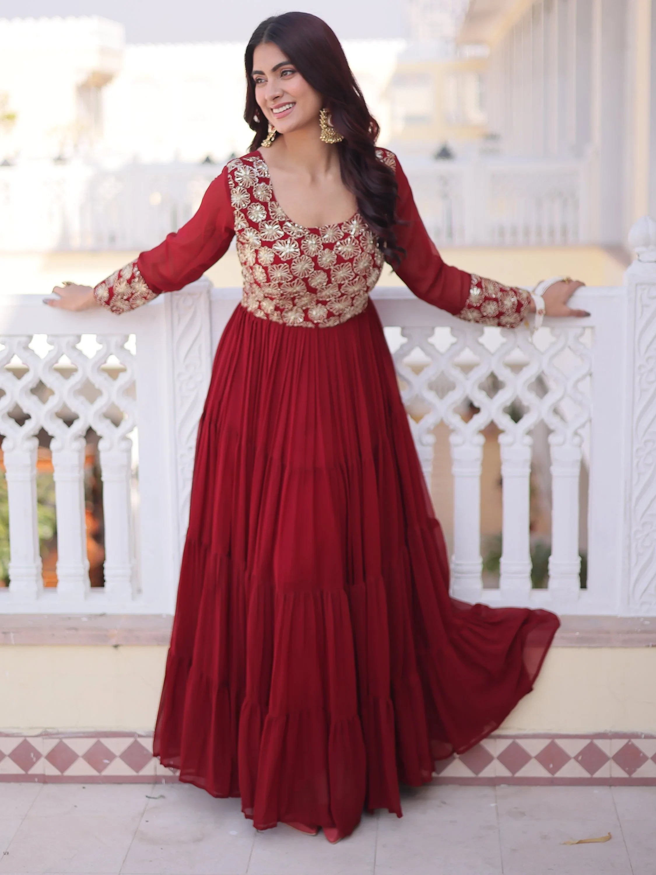 Maroon Marvelous Sequins Georgette Wedding Wear Gown