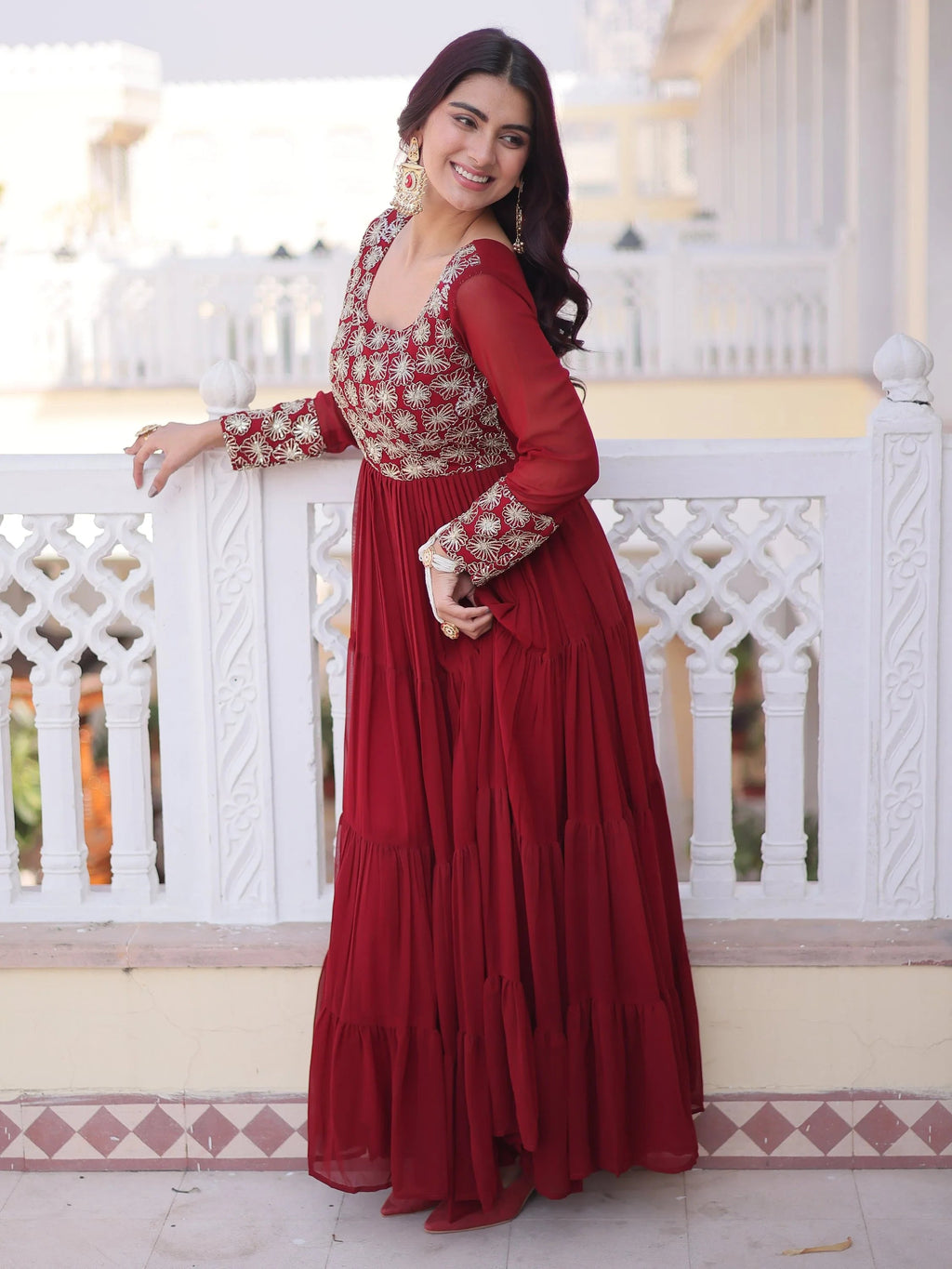 Maroon Marvelous Sequins Georgette Wedding Wear Gown