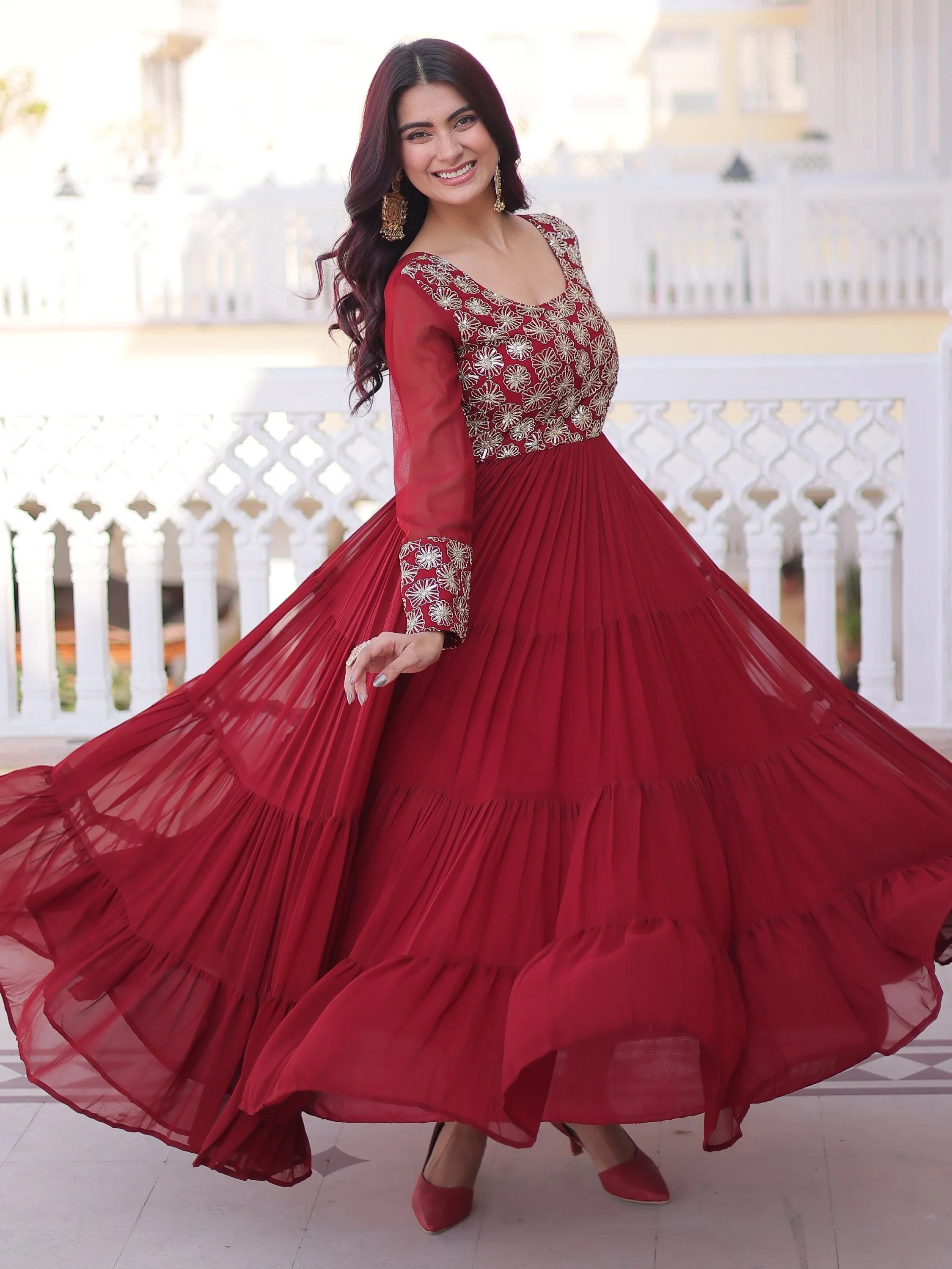 Maroon Marvelous Sequins Georgette Wedding Wear Gown