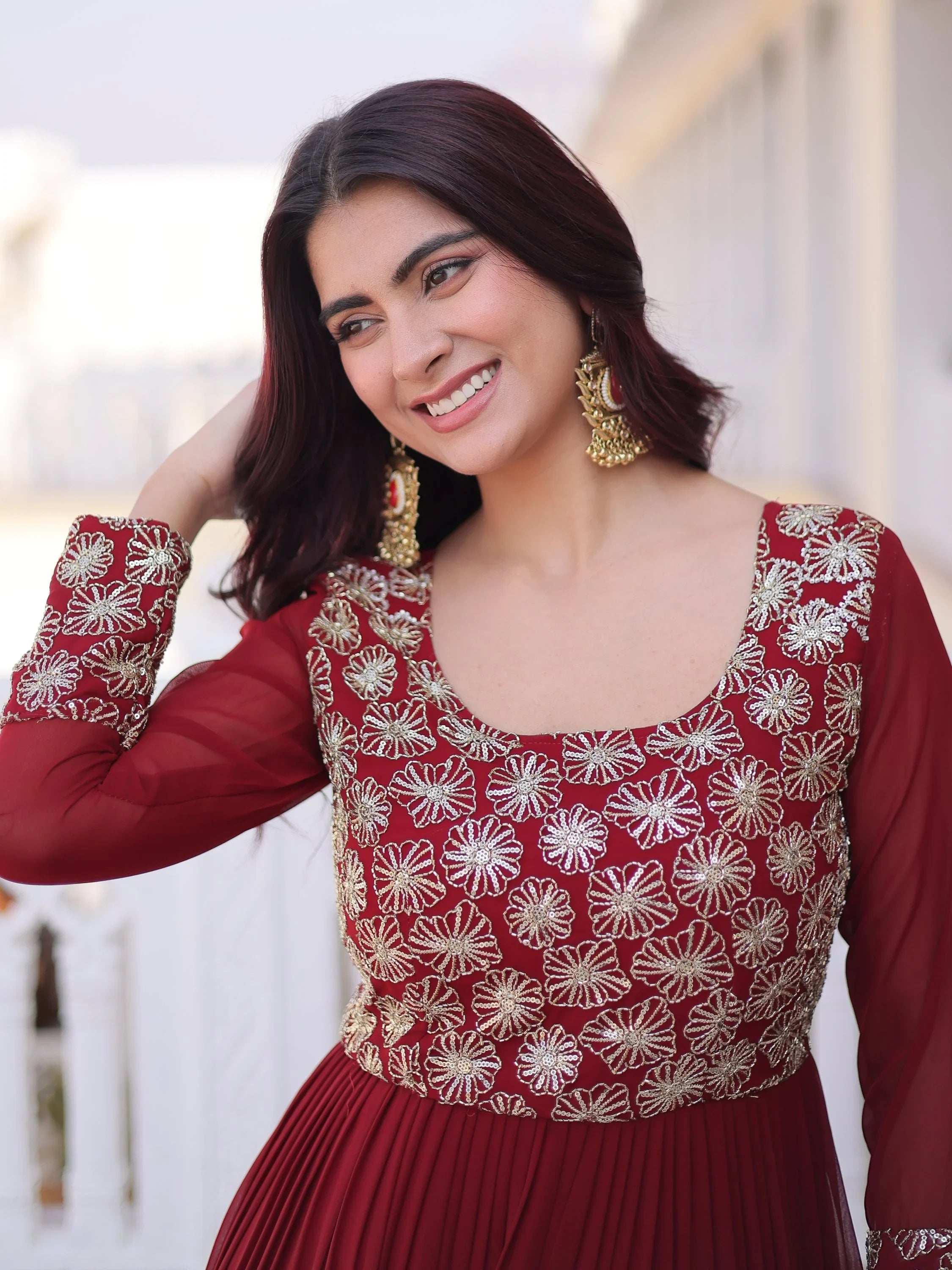 Maroon Marvelous Sequins Georgette Wedding Wear Gown
