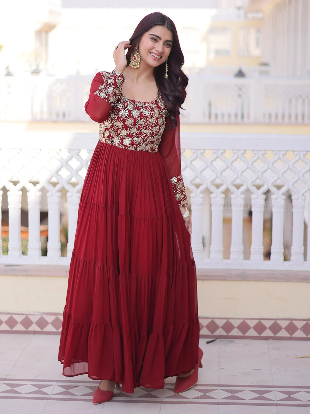 Maroon Marvelous Sequins Georgette Wedding Wear Gown