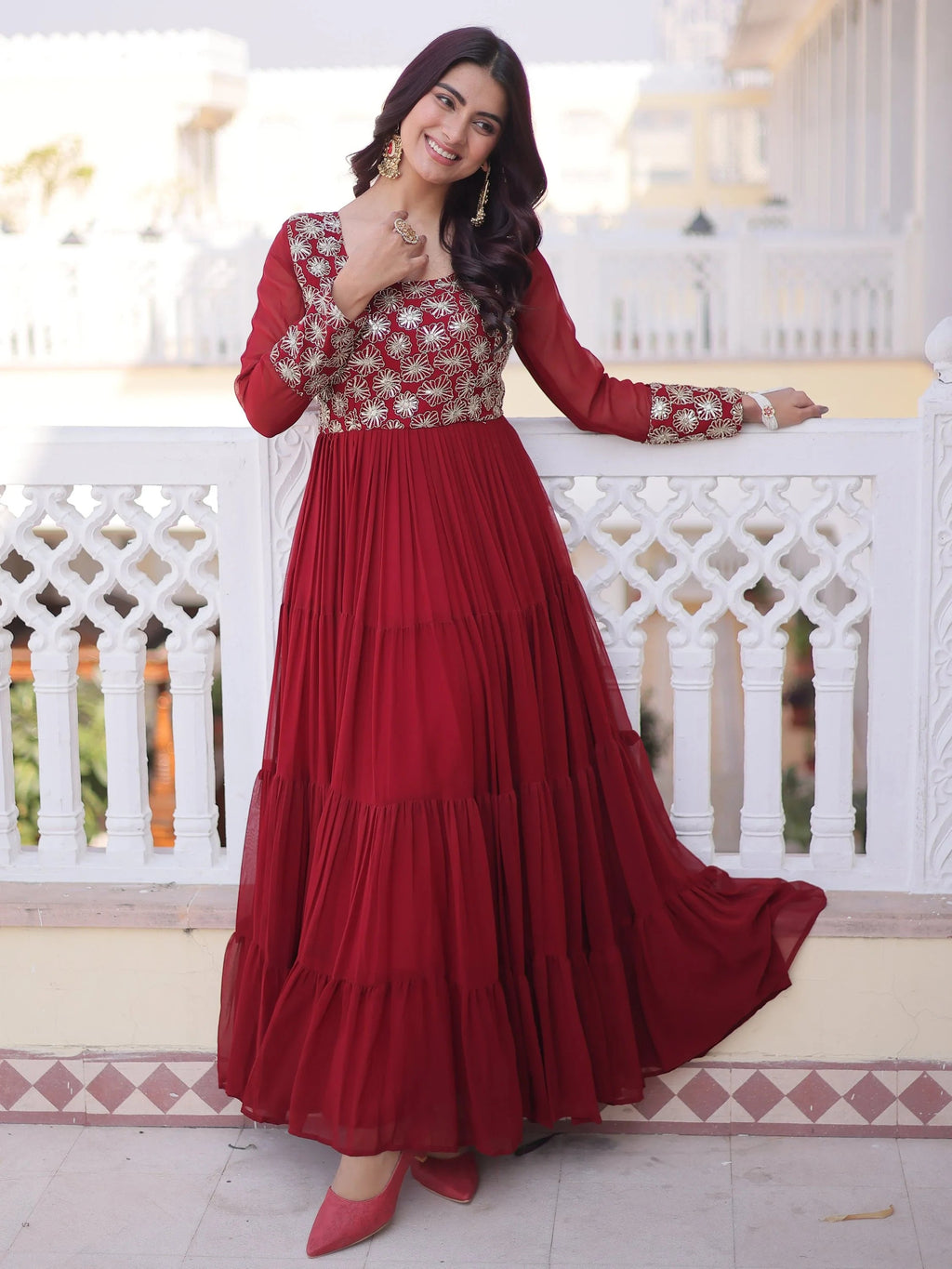 Maroon Marvelous Sequins Georgette Wedding Wear Gown