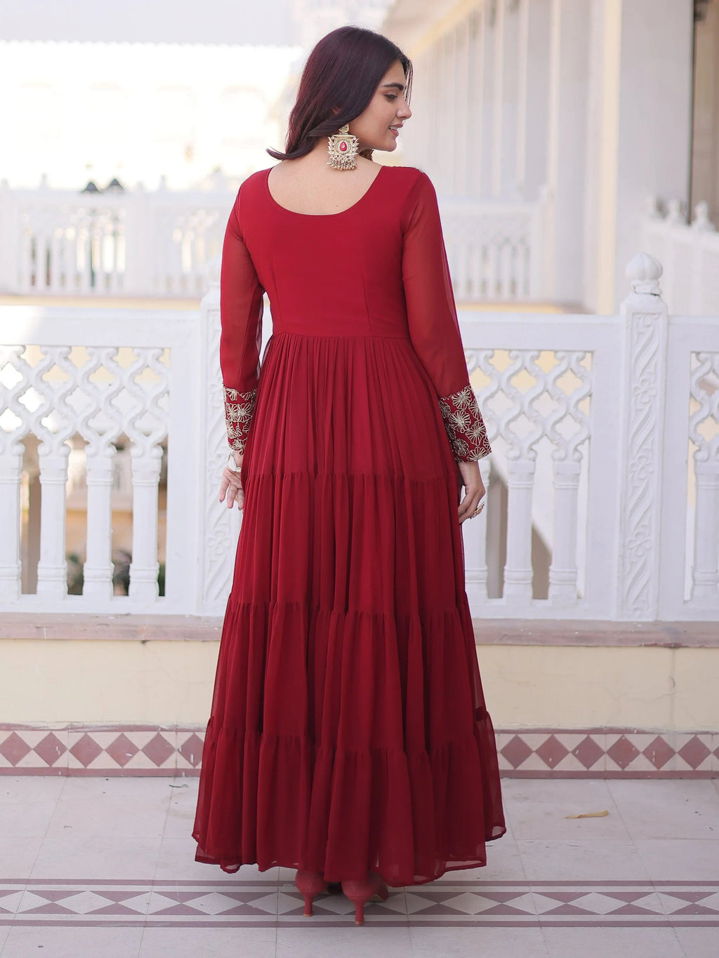 Maroon Marvelous Sequins Georgette Wedding Wear Gown