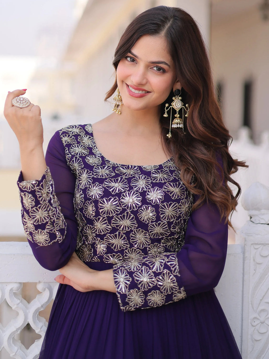 Purple Marvelous Sequins Georgette Wedding Wear Gown