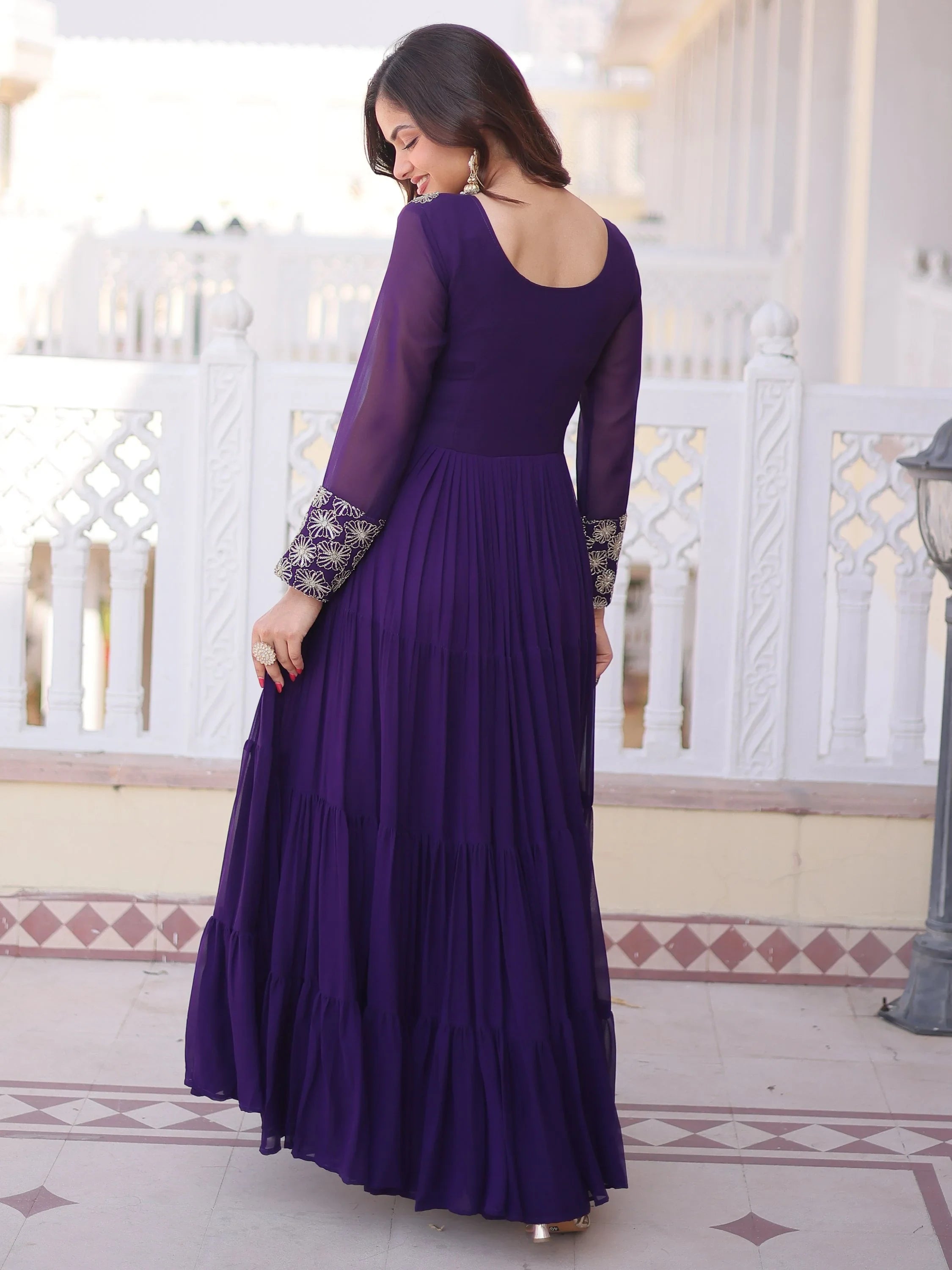 Purple Marvelous Sequins Georgette Wedding Wear Gown