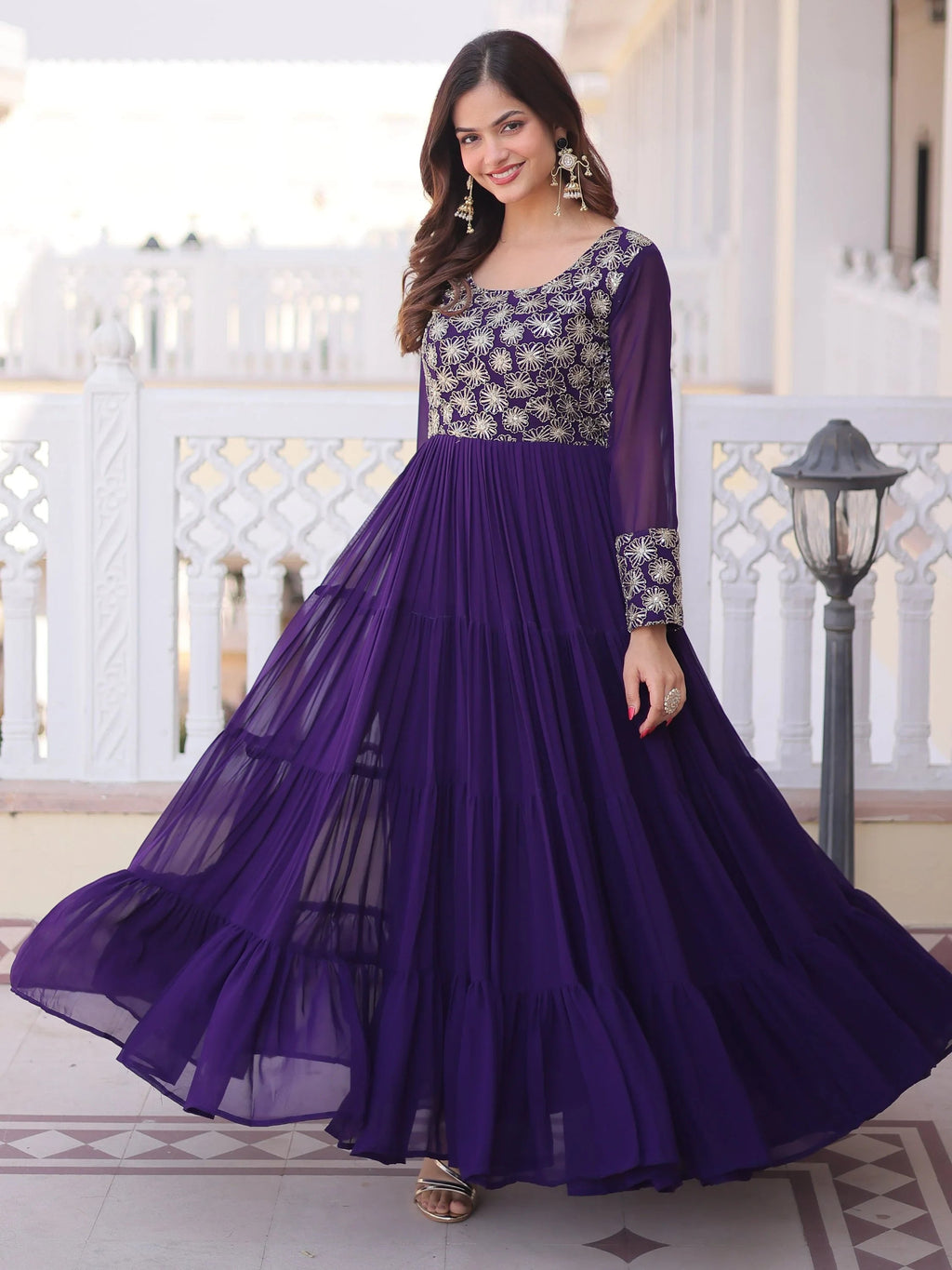 Purple Marvelous Sequins Georgette Wedding Wear Gown