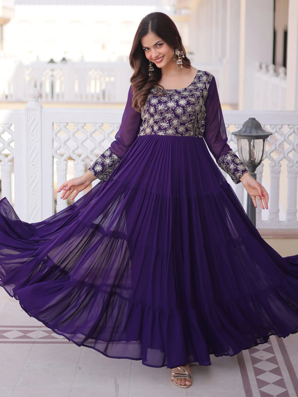 Purple Marvelous Sequins Georgette Wedding Wear Gown