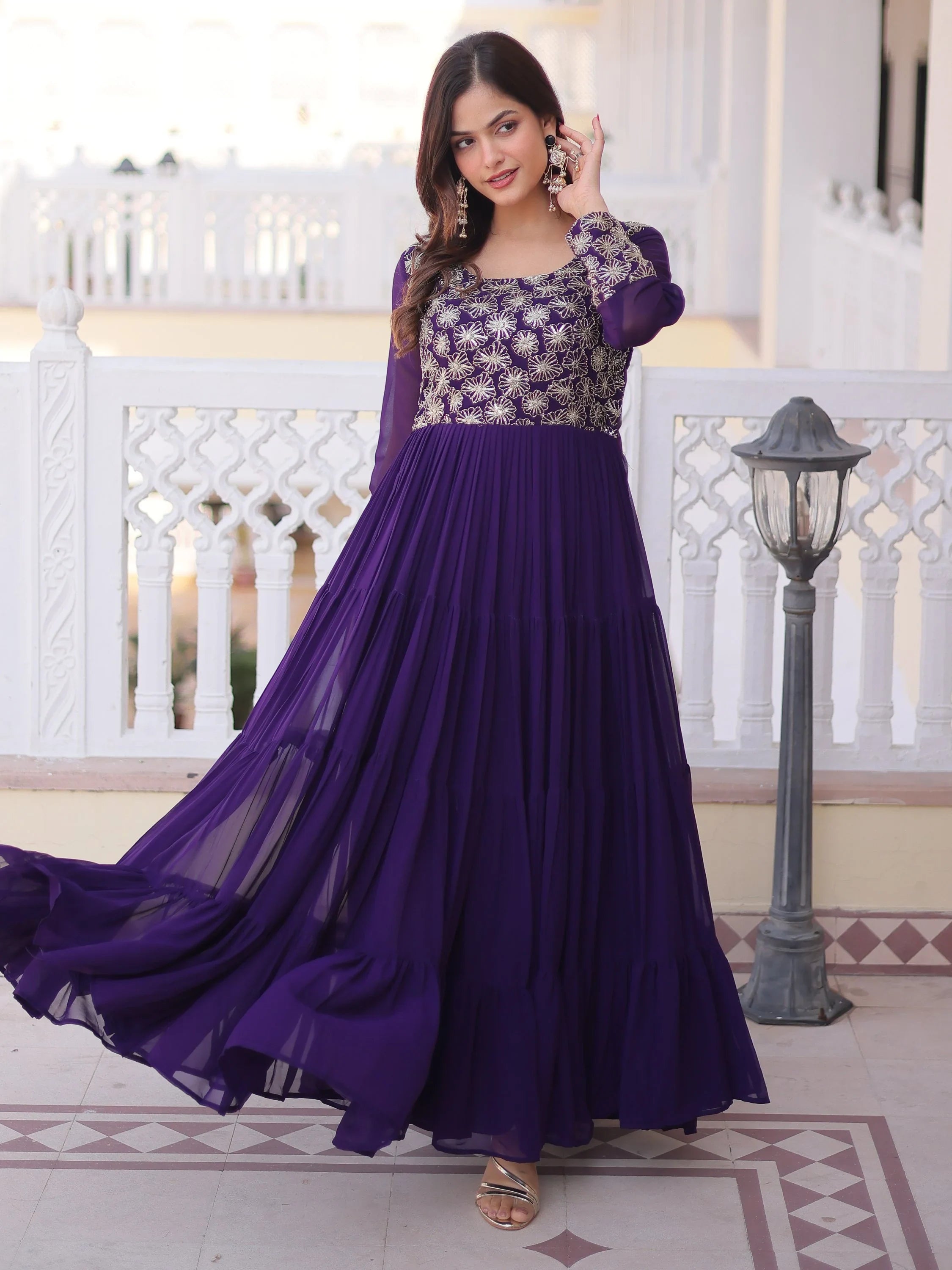 Purple Marvelous Sequins Georgette Wedding Wear Gown
