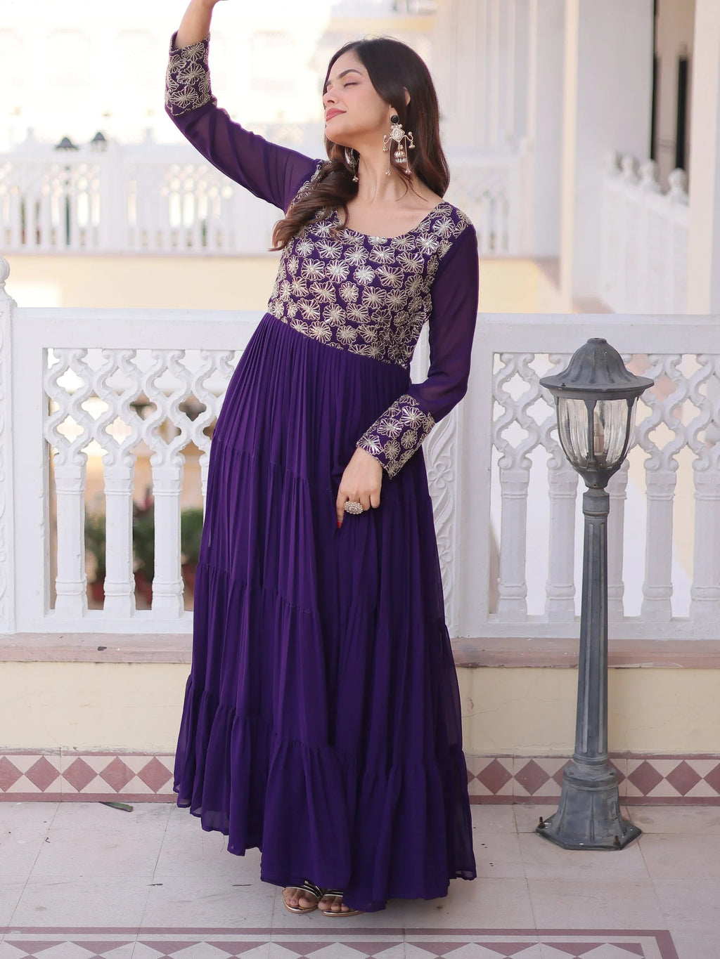 Purple Marvelous Sequins Georgette Wedding Wear Gown