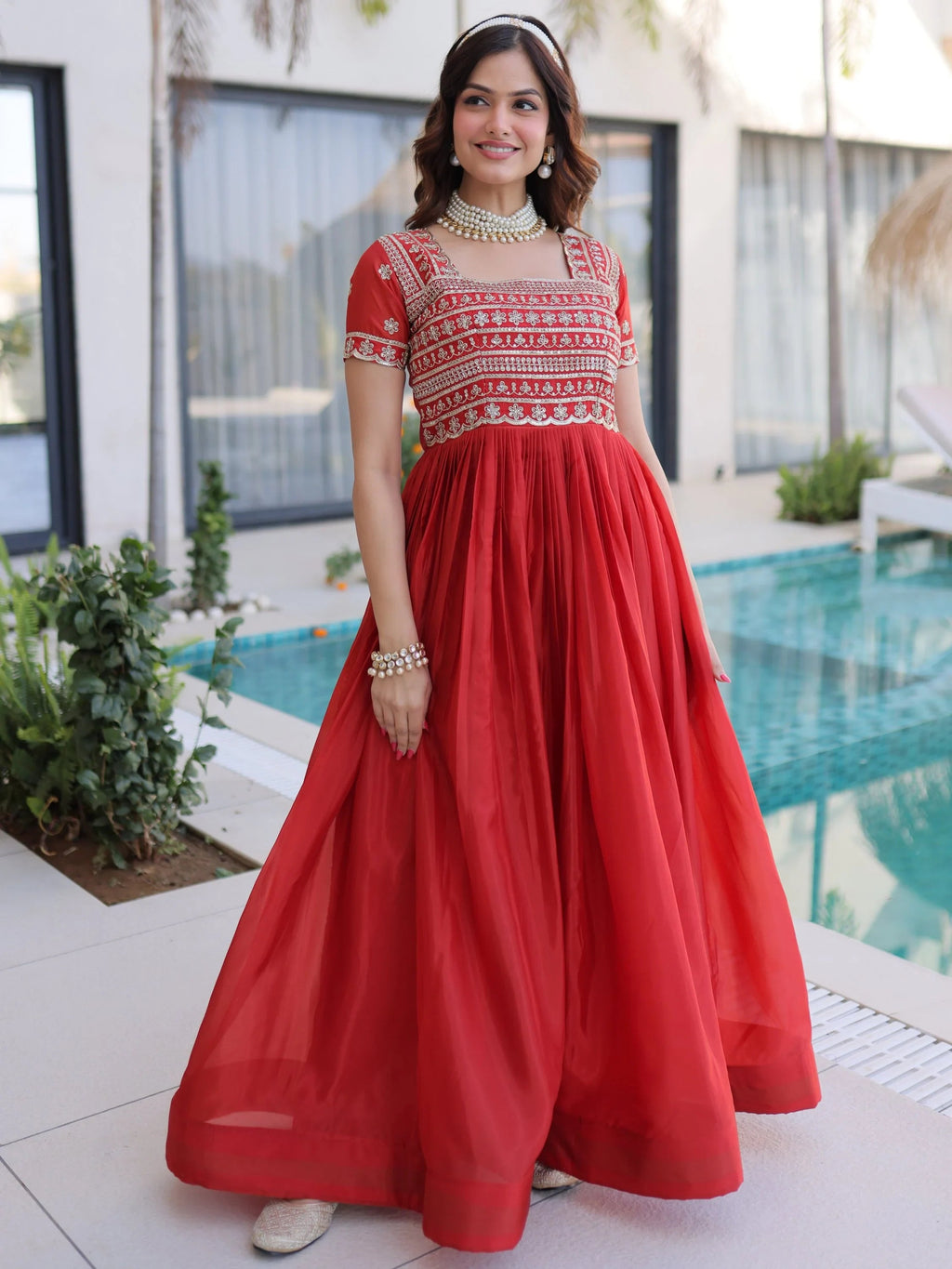 Red Lovable Sequins Silk Marriage Wear Gown