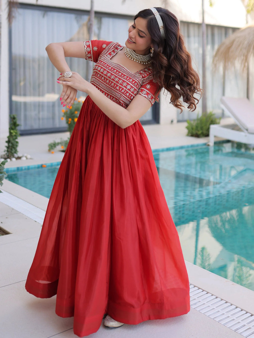 Red Lovable Sequins Silk Marriage Wear Gown