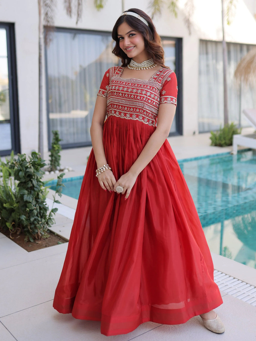 Red Lovable Sequins Silk Marriage Wear Gown
