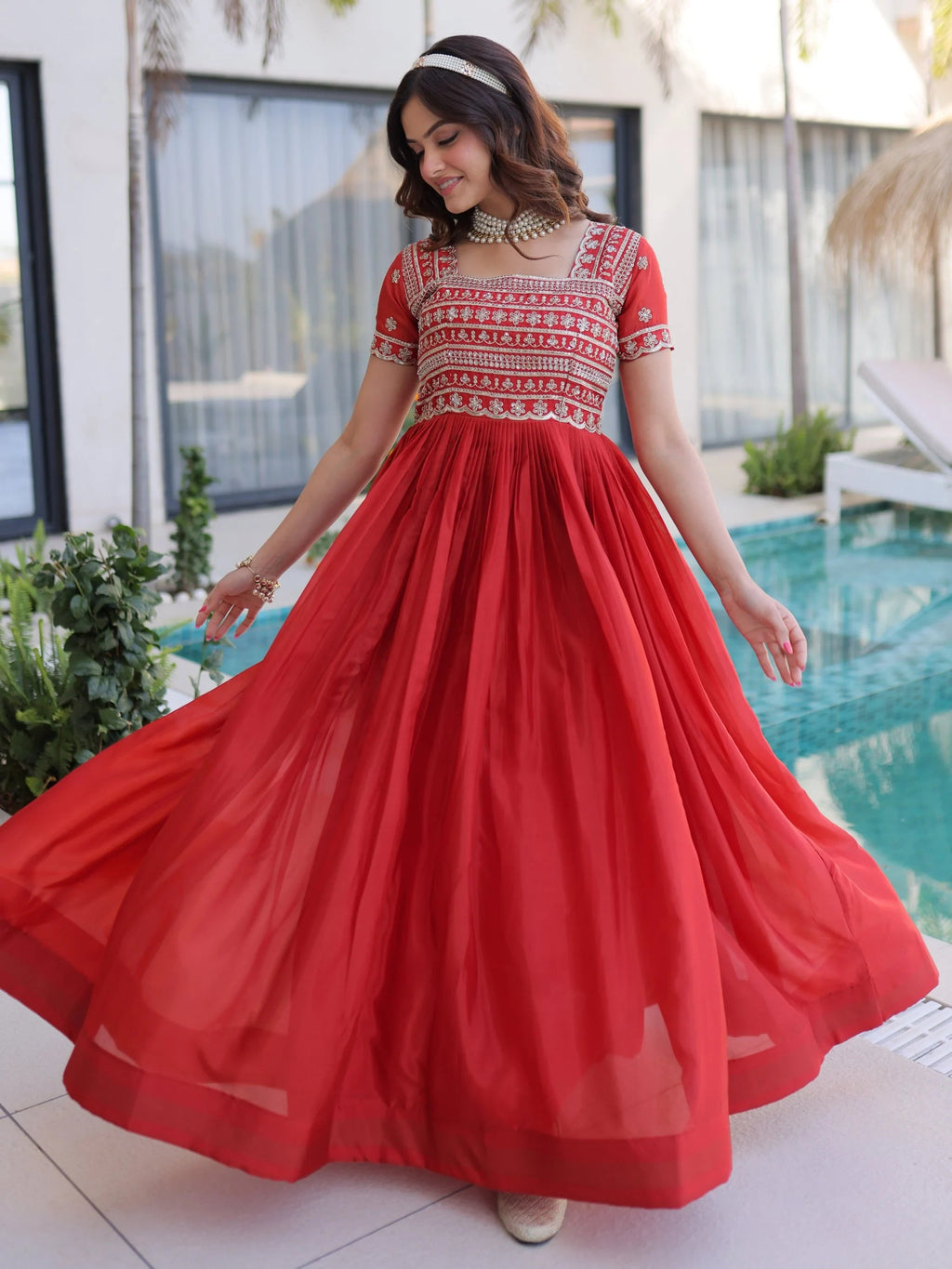 Red Lovable Sequins Silk Marriage Wear Gown