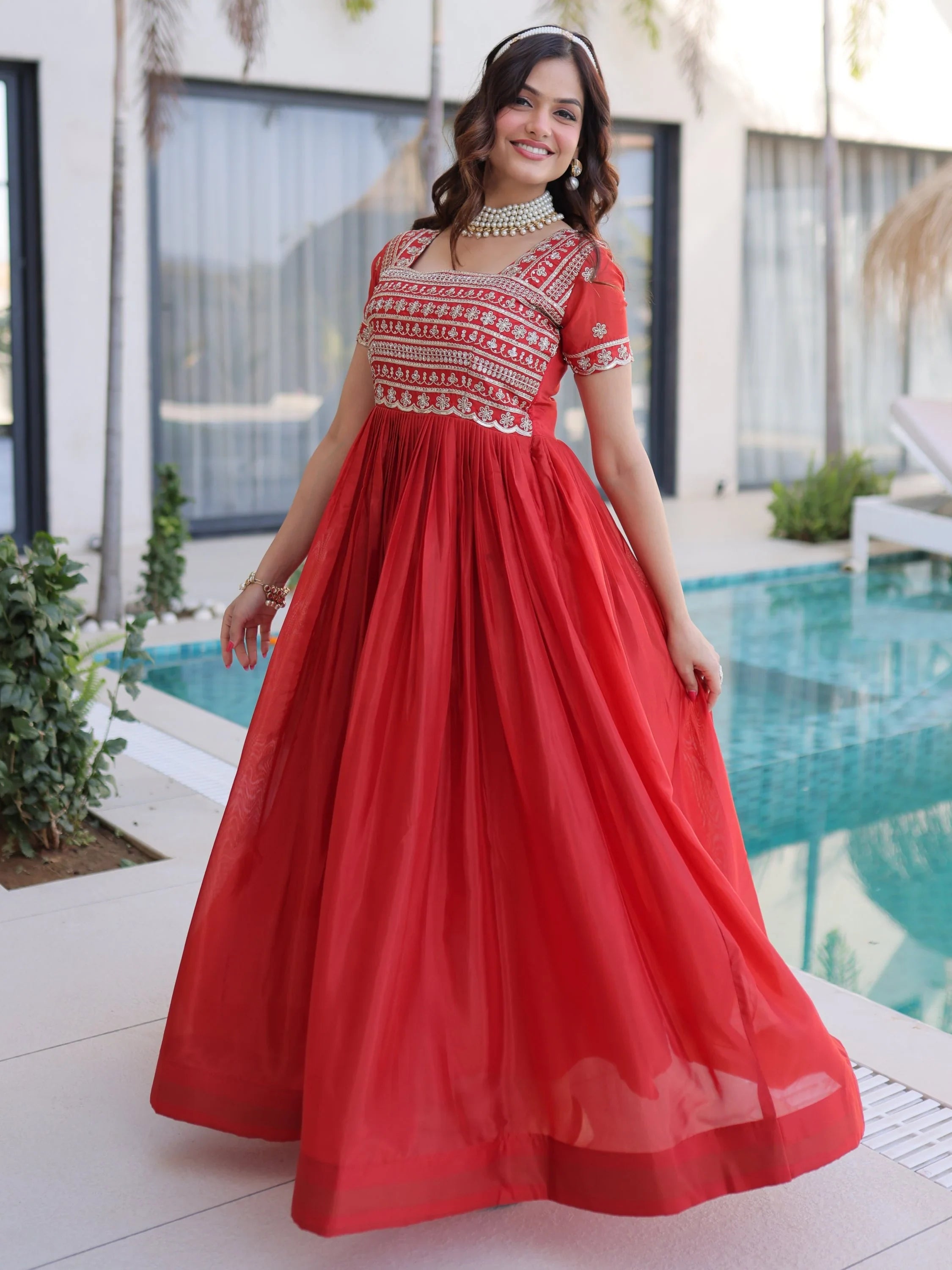 Red Lovable Sequins Silk Marriage Wear Gown