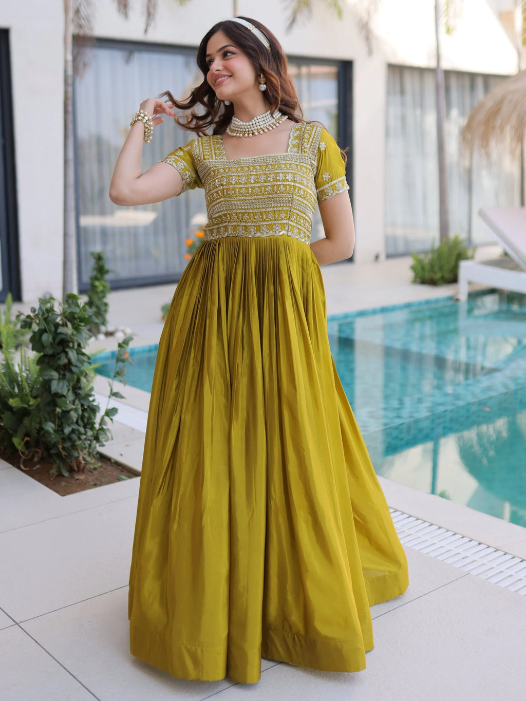 Olive Lovable Sequins Silk Marriage Wear Gown