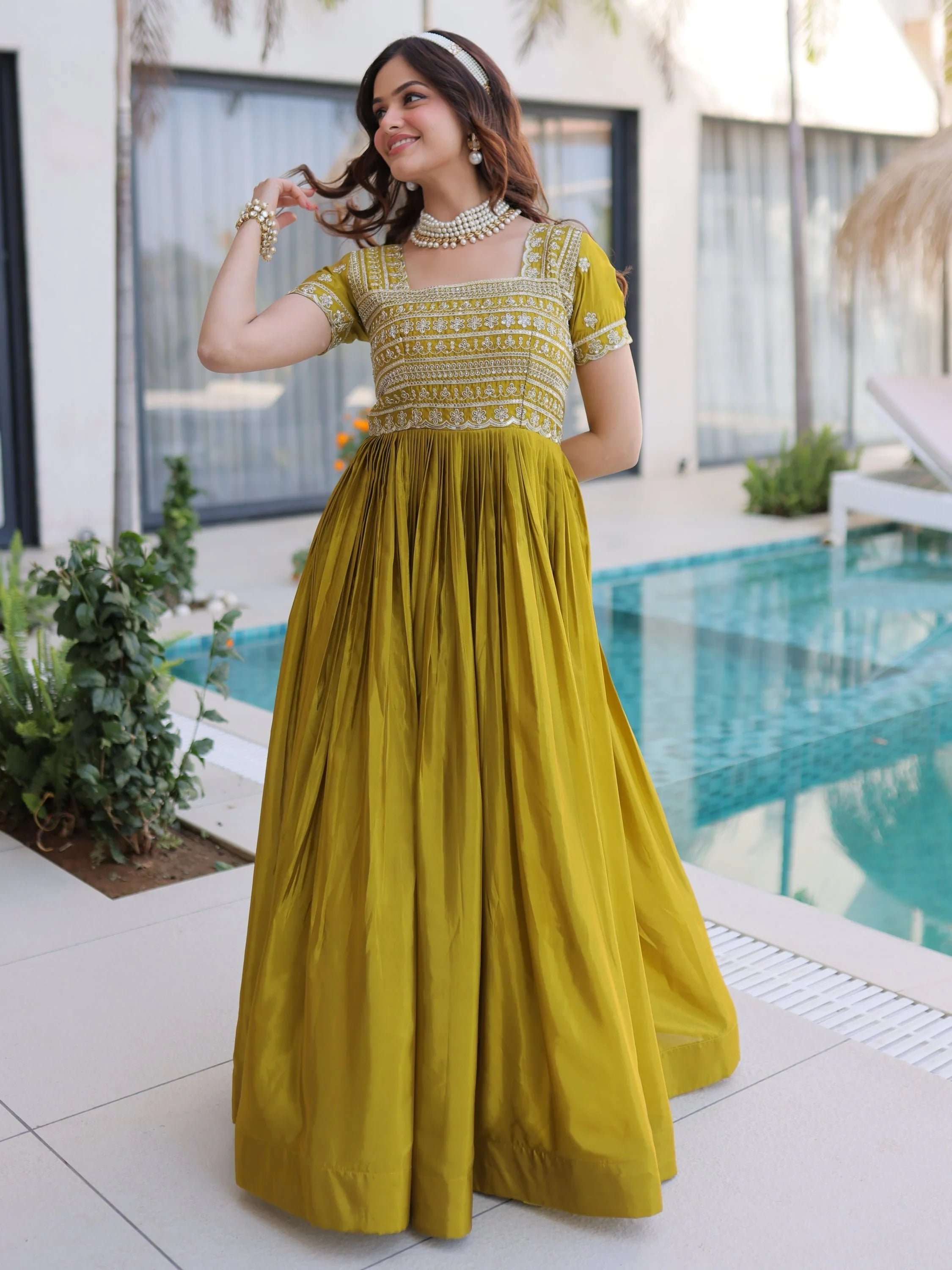 Olive Lovable Sequins Silk Marriage Wear Gown
