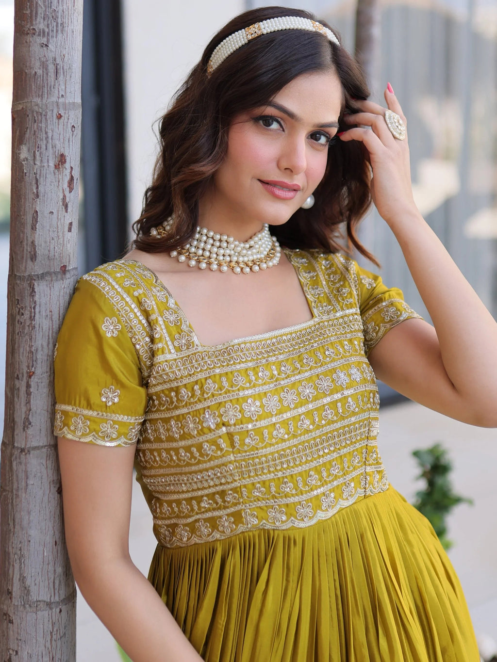 Olive Lovable Sequins Silk Marriage Wear Gown