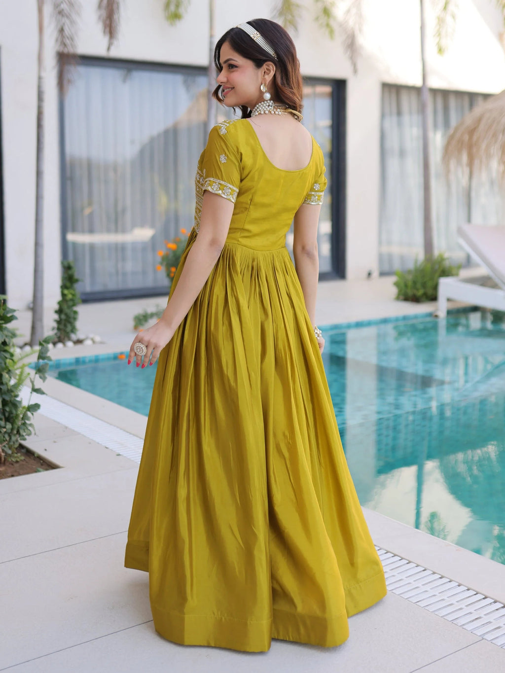 Olive Lovable Sequins Silk Marriage Wear Gown