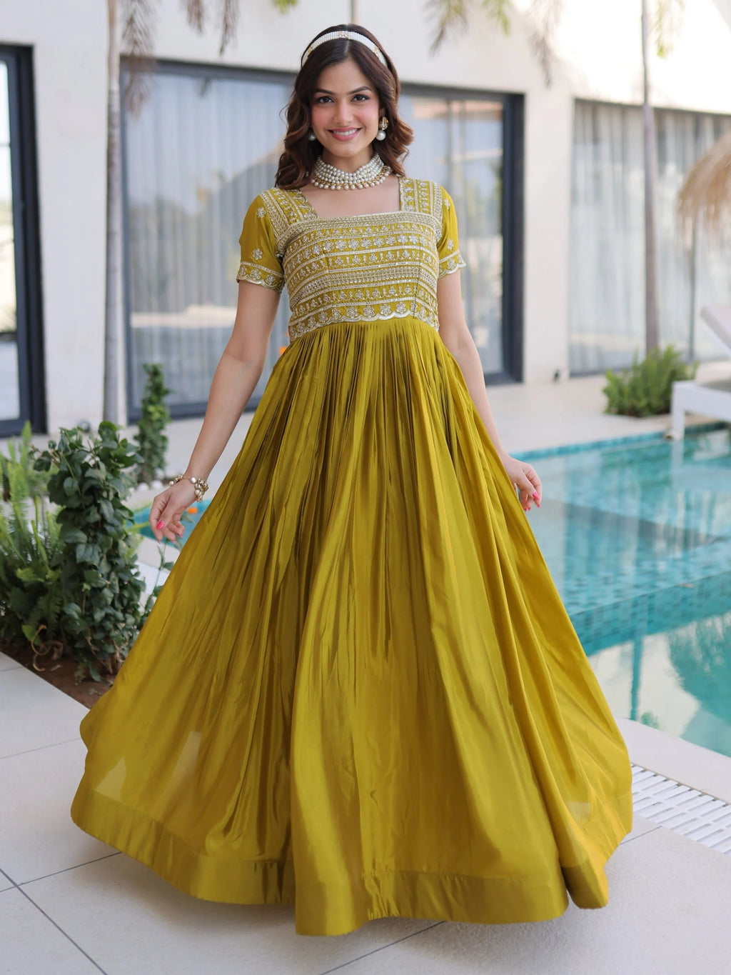 Olive Lovable Sequins Silk Marriage Wear Gown