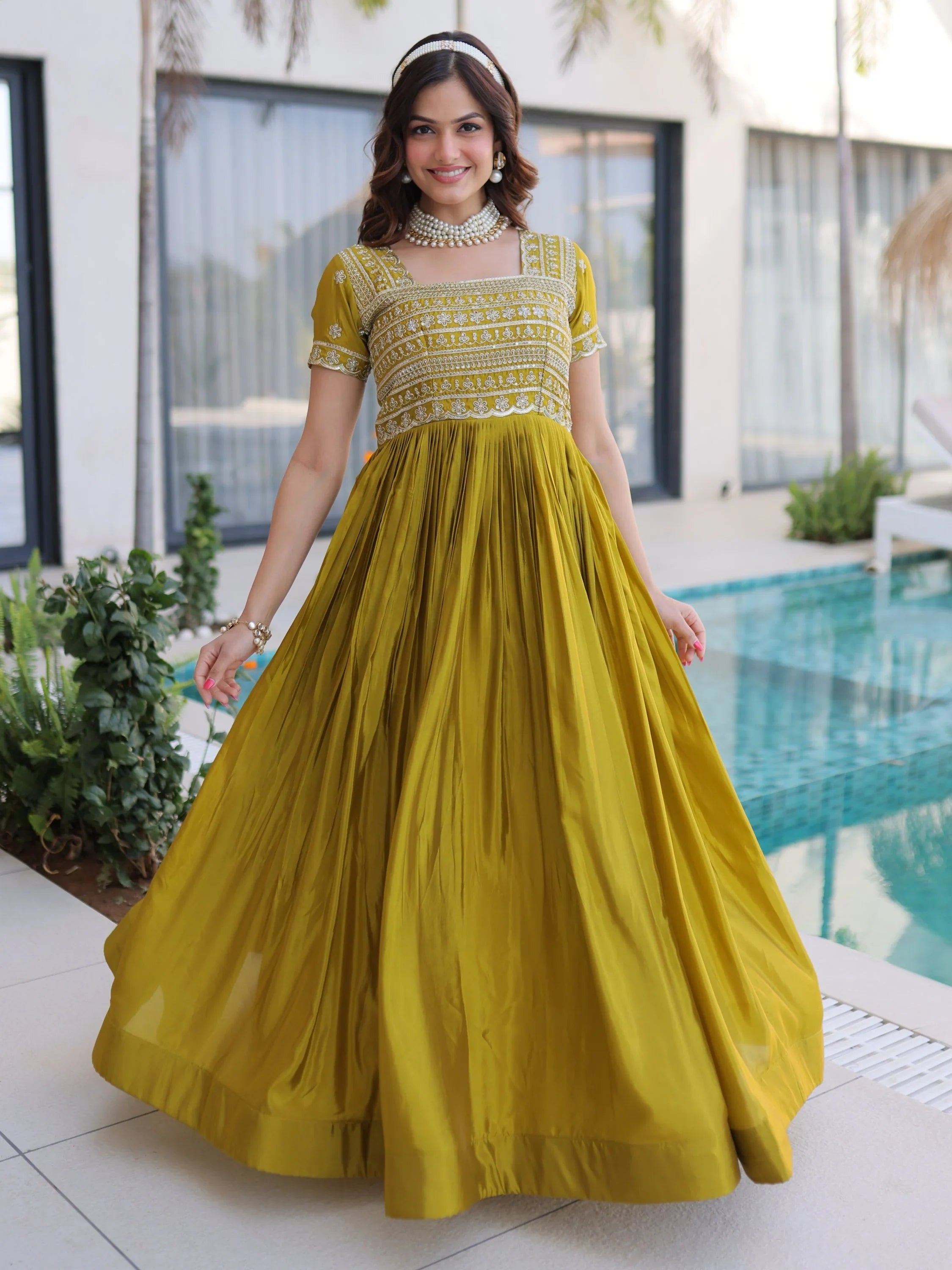 Olive Lovable Sequins Silk Marriage Wear Gown