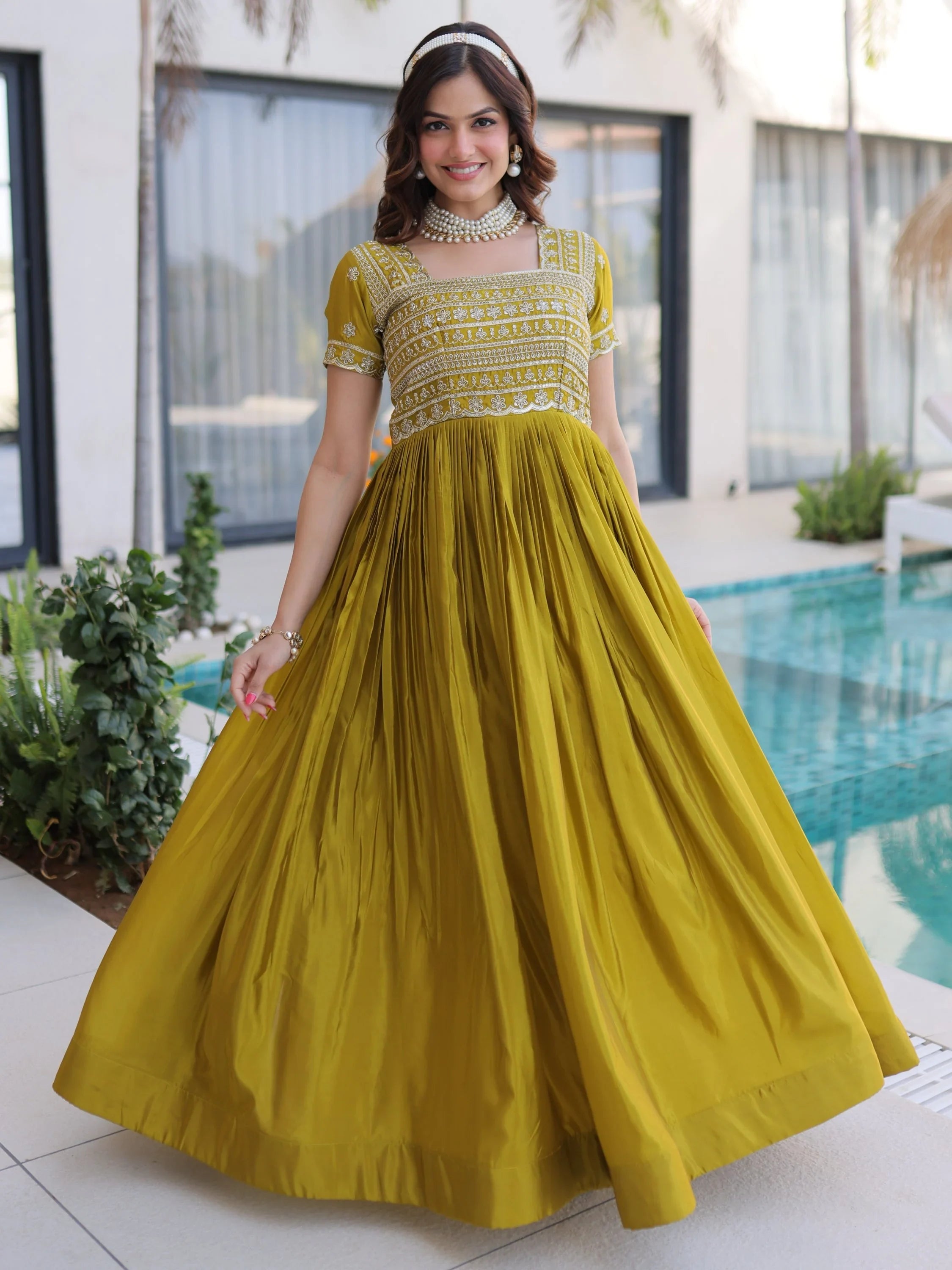 Olive Lovable Sequins Silk Marriage Wear Gown
