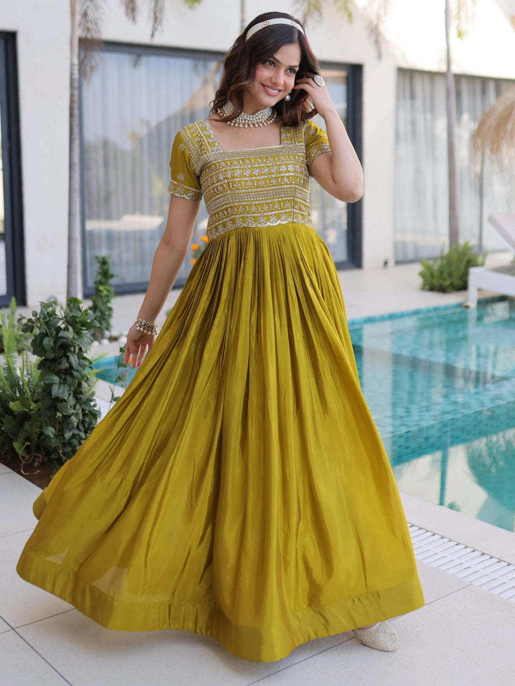 Olive Lovable Sequins Silk Marriage Wear Gown