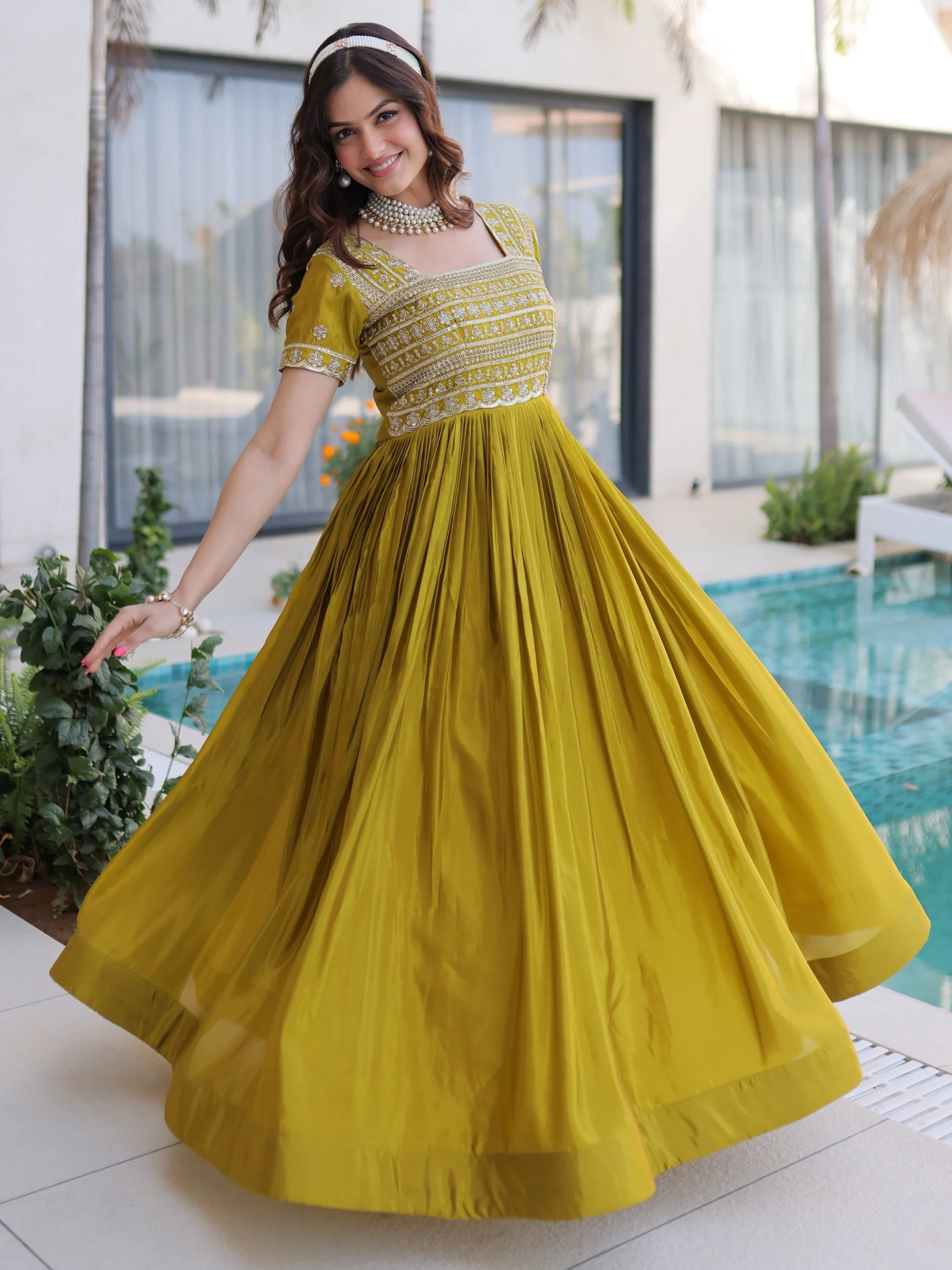 Olive Lovable Sequins Silk Marriage Wear Gown