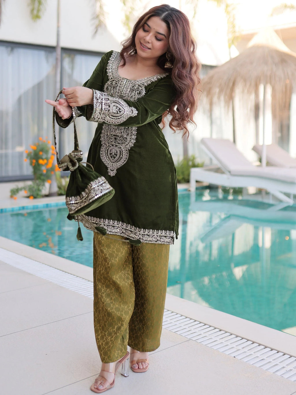 Green Attractive Embroidered Velvet Festival Wear Salwar Kameez