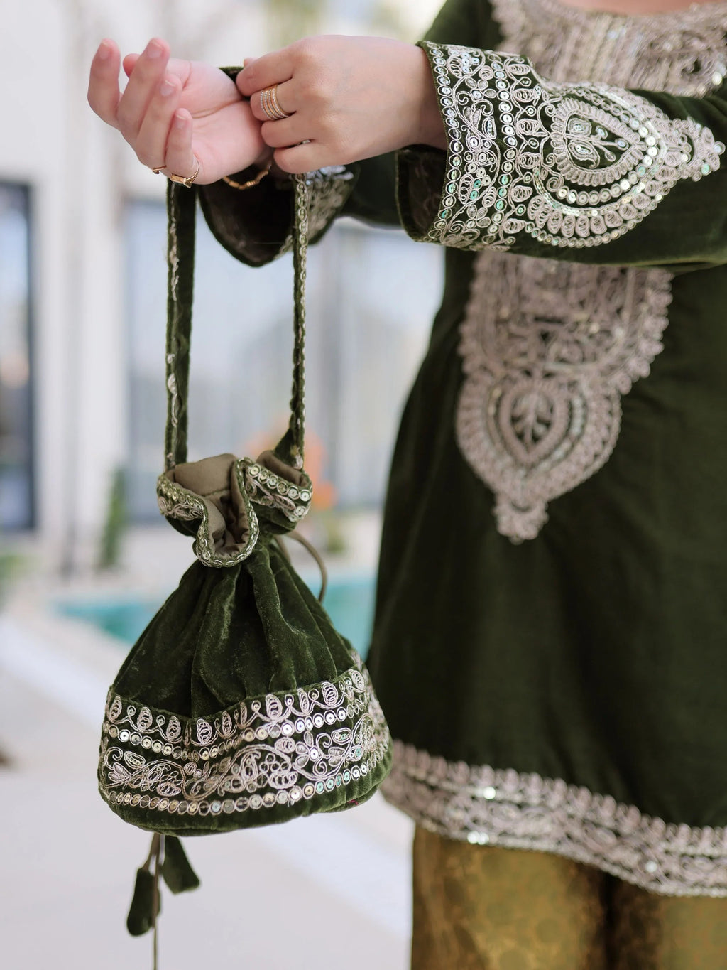 Green Attractive Embroidered Velvet Festival Wear Salwar Kameez