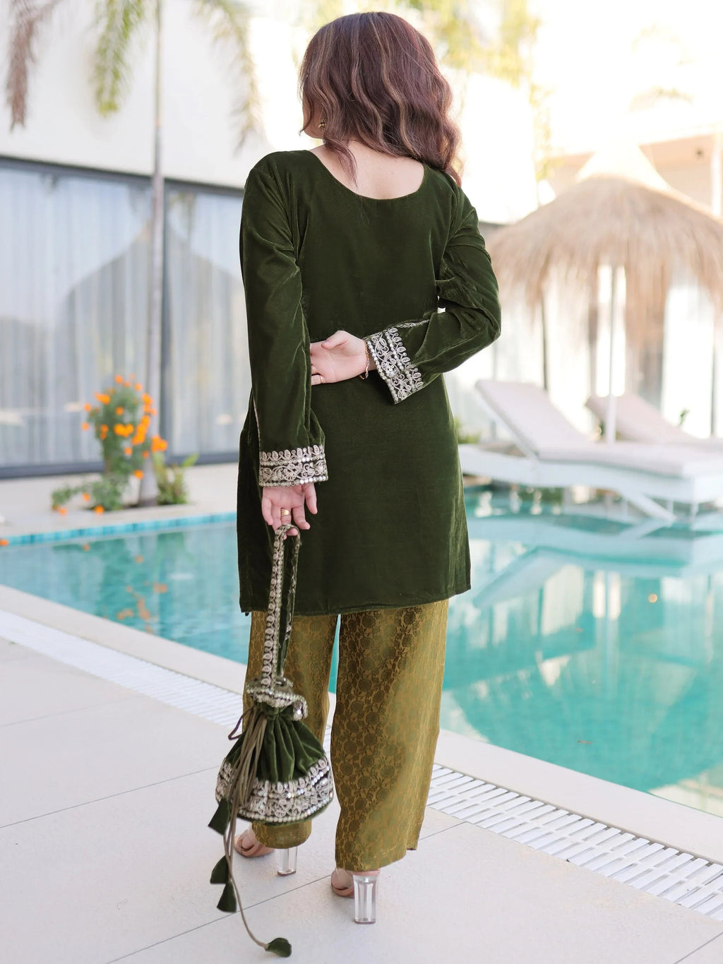 Green Attractive Embroidered Velvet Festival Wear Salwar Kameez