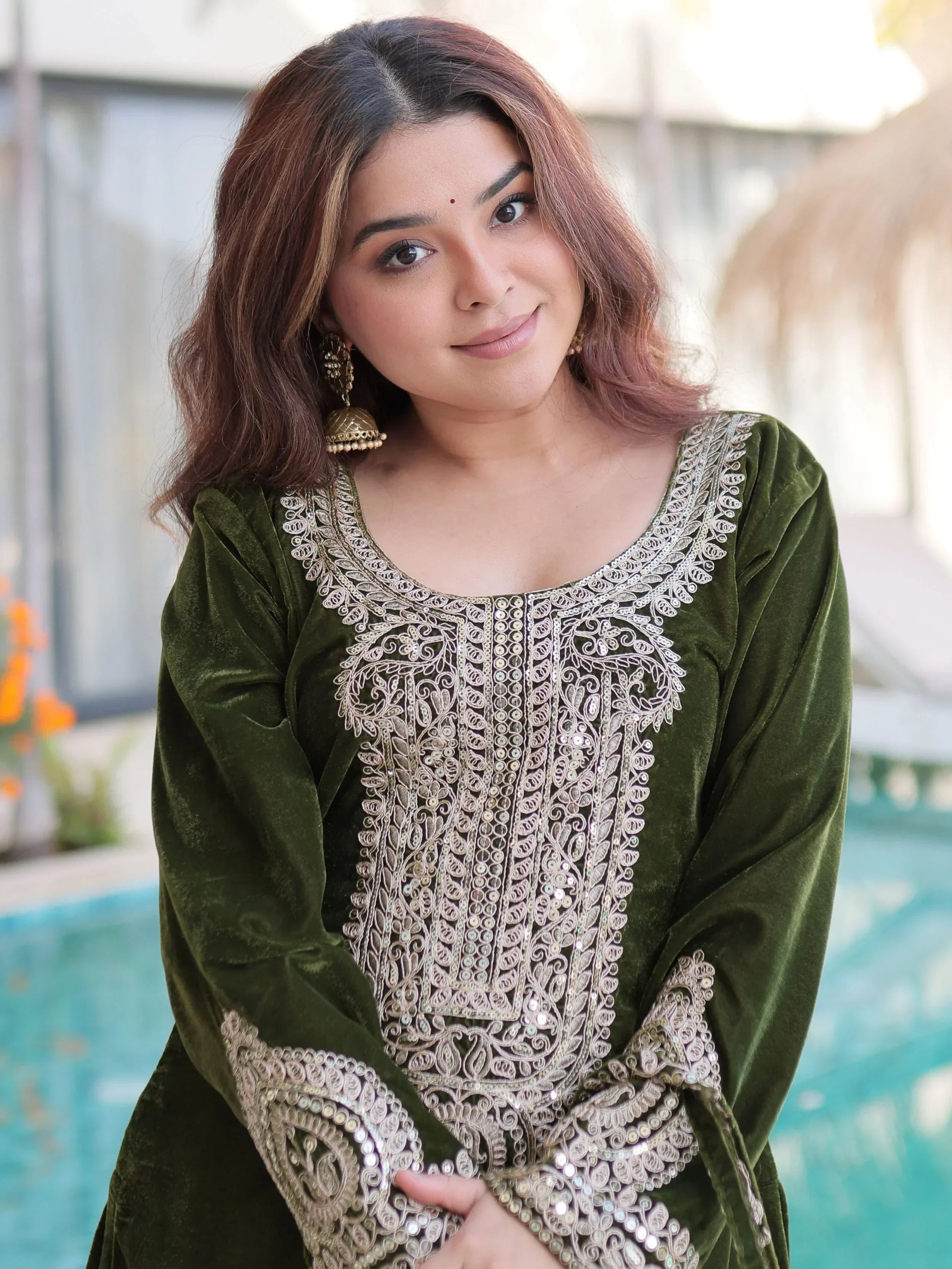Green Attractive Embroidered Velvet Festival Wear Salwar Kameez