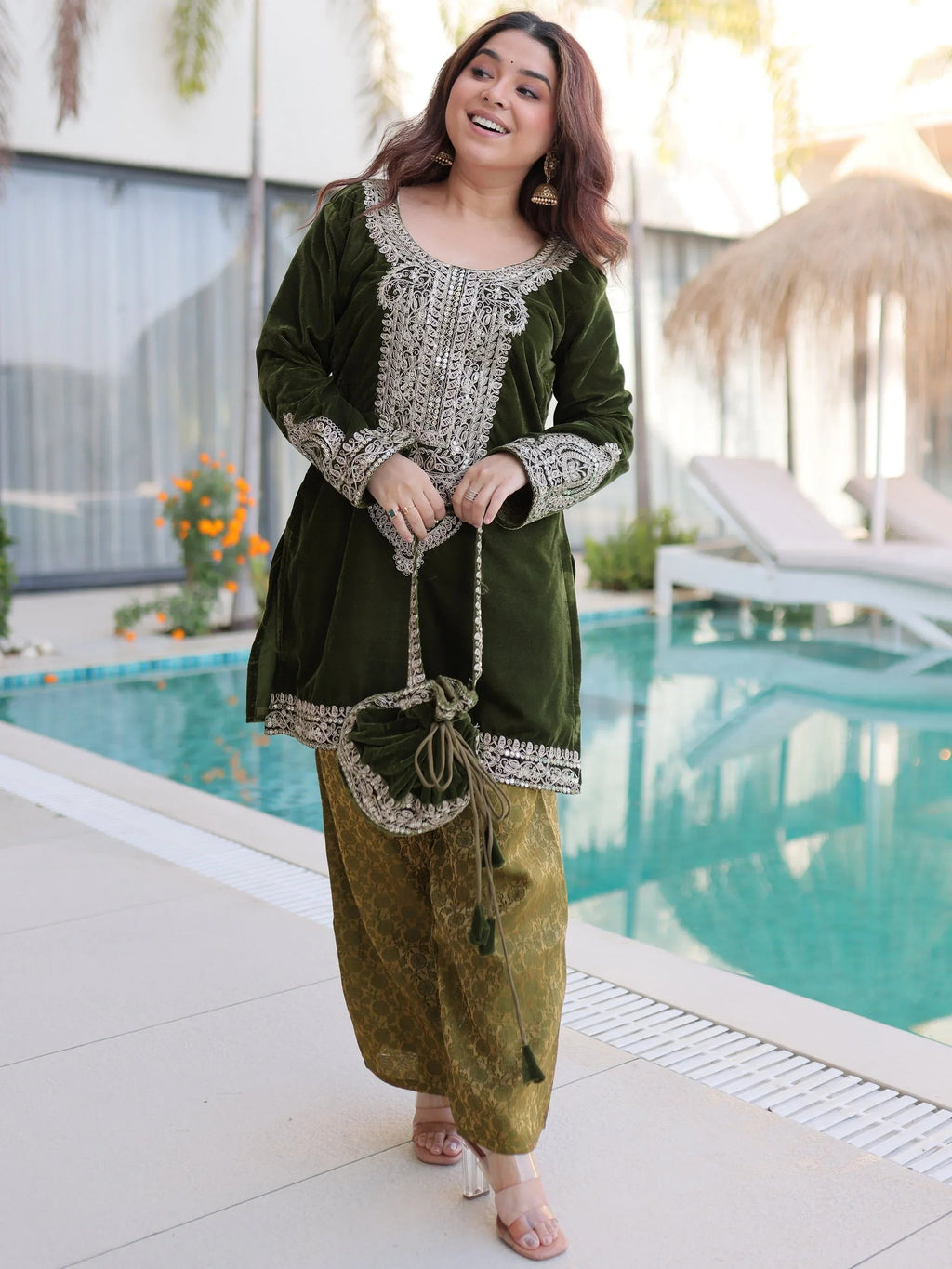 Green Attractive Embroidered Velvet Festival Wear Salwar Kameez