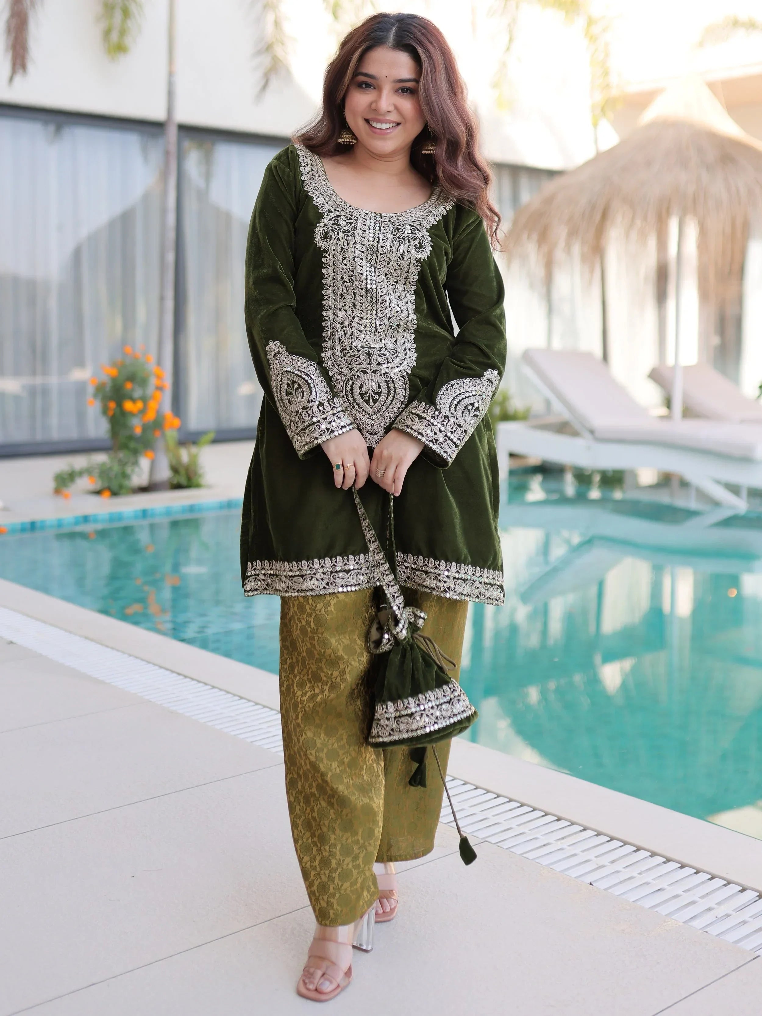 Green Attractive Embroidered Velvet Festival Wear Salwar Kameez