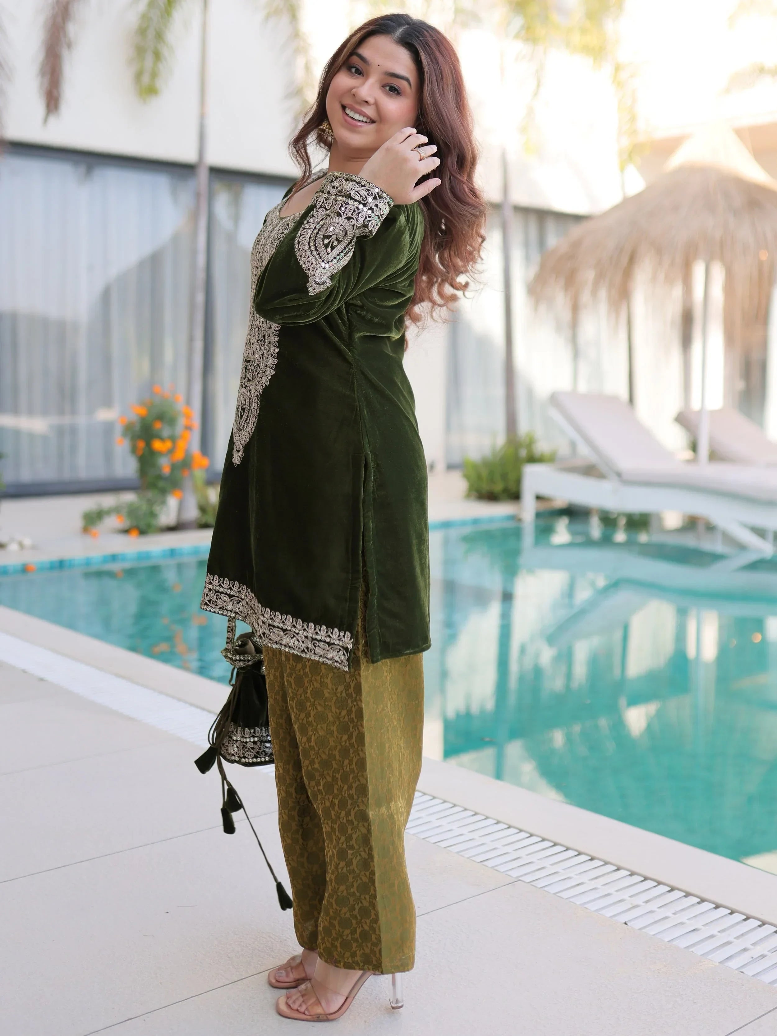 Green Attractive Embroidered Velvet Festival Wear Salwar Kameez