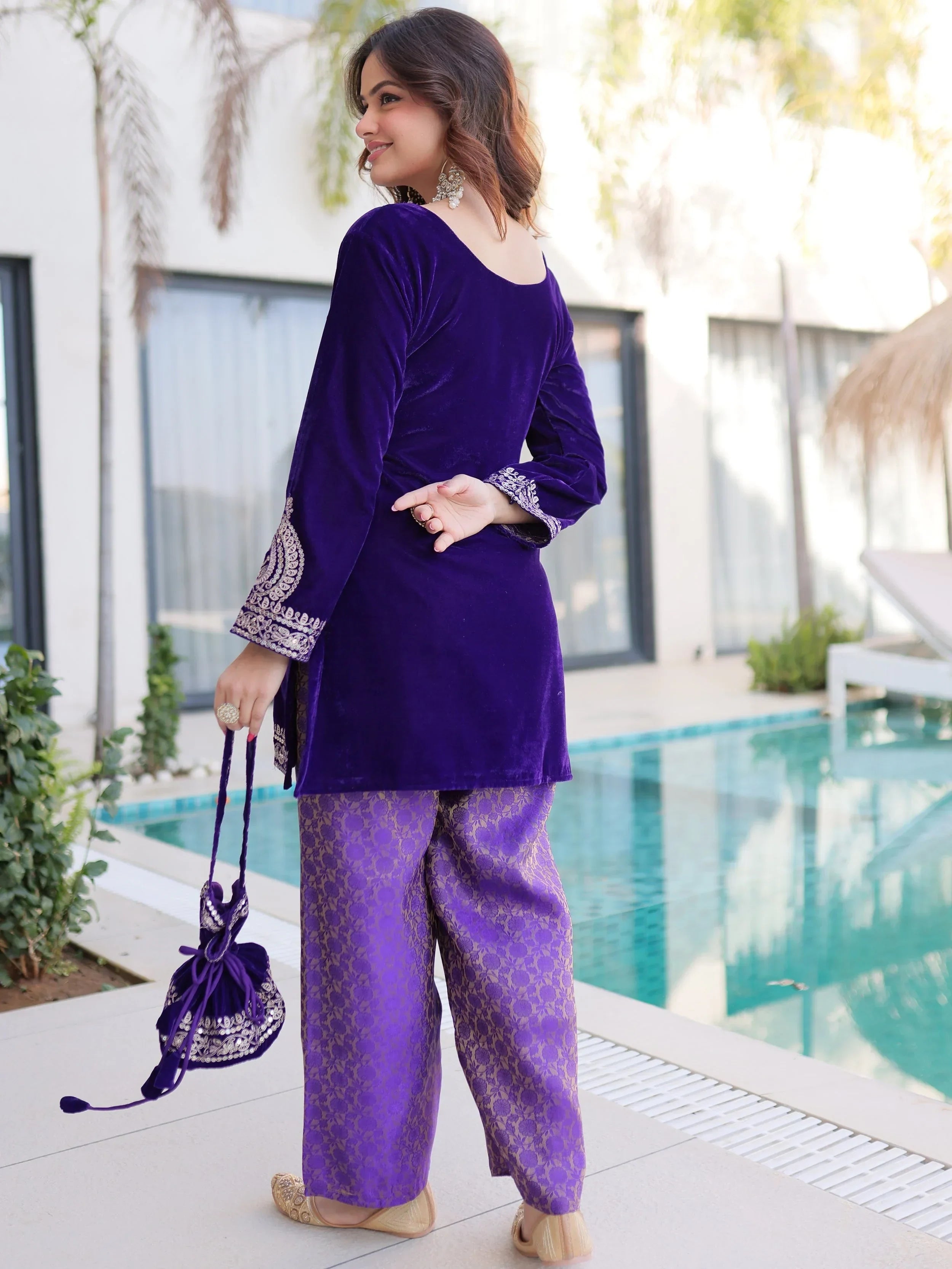 Blue Attractive Embroidered Velvet Festival Wear Salwar Kameez