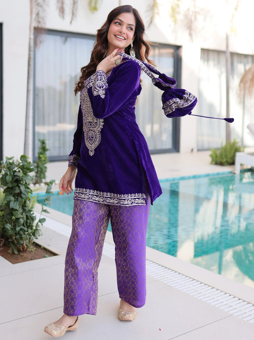 Blue Attractive Embroidered Velvet Festival Wear Salwar Kameez