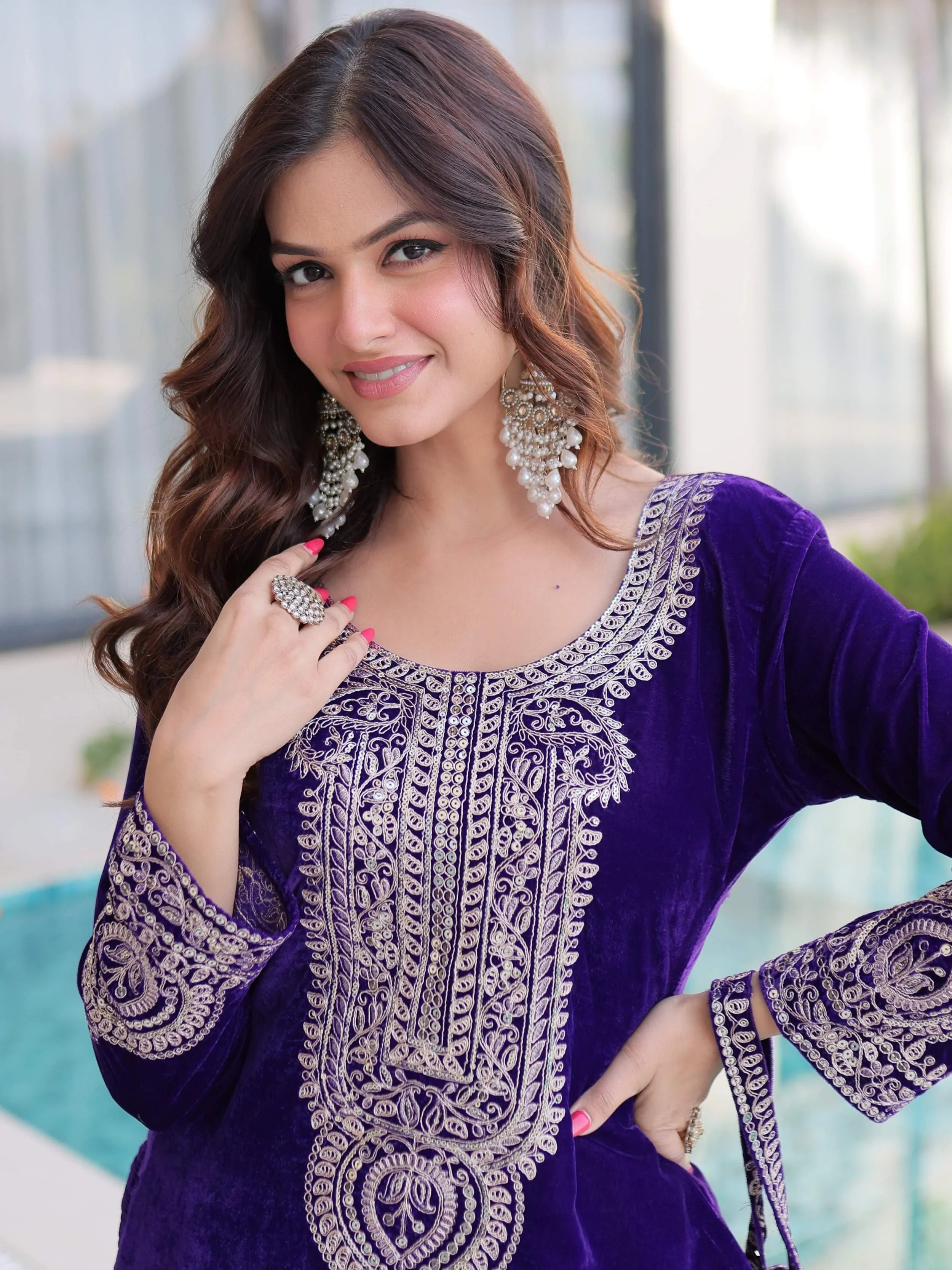 Blue Attractive Embroidered Velvet Festival Wear Salwar Kameez