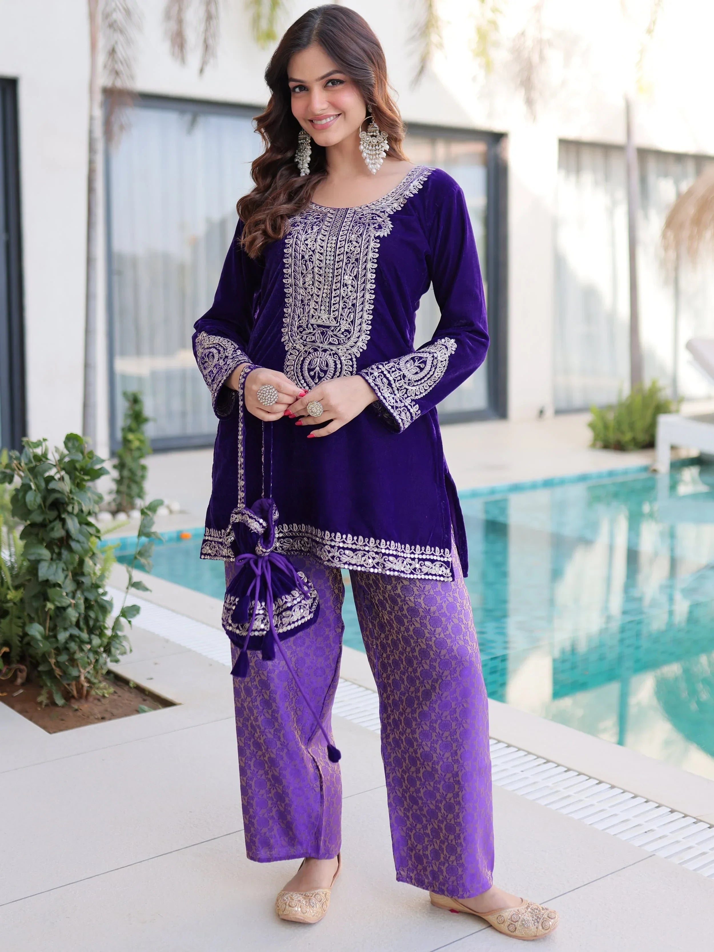 Blue Attractive Embroidered Velvet Festival Wear Salwar Kameez