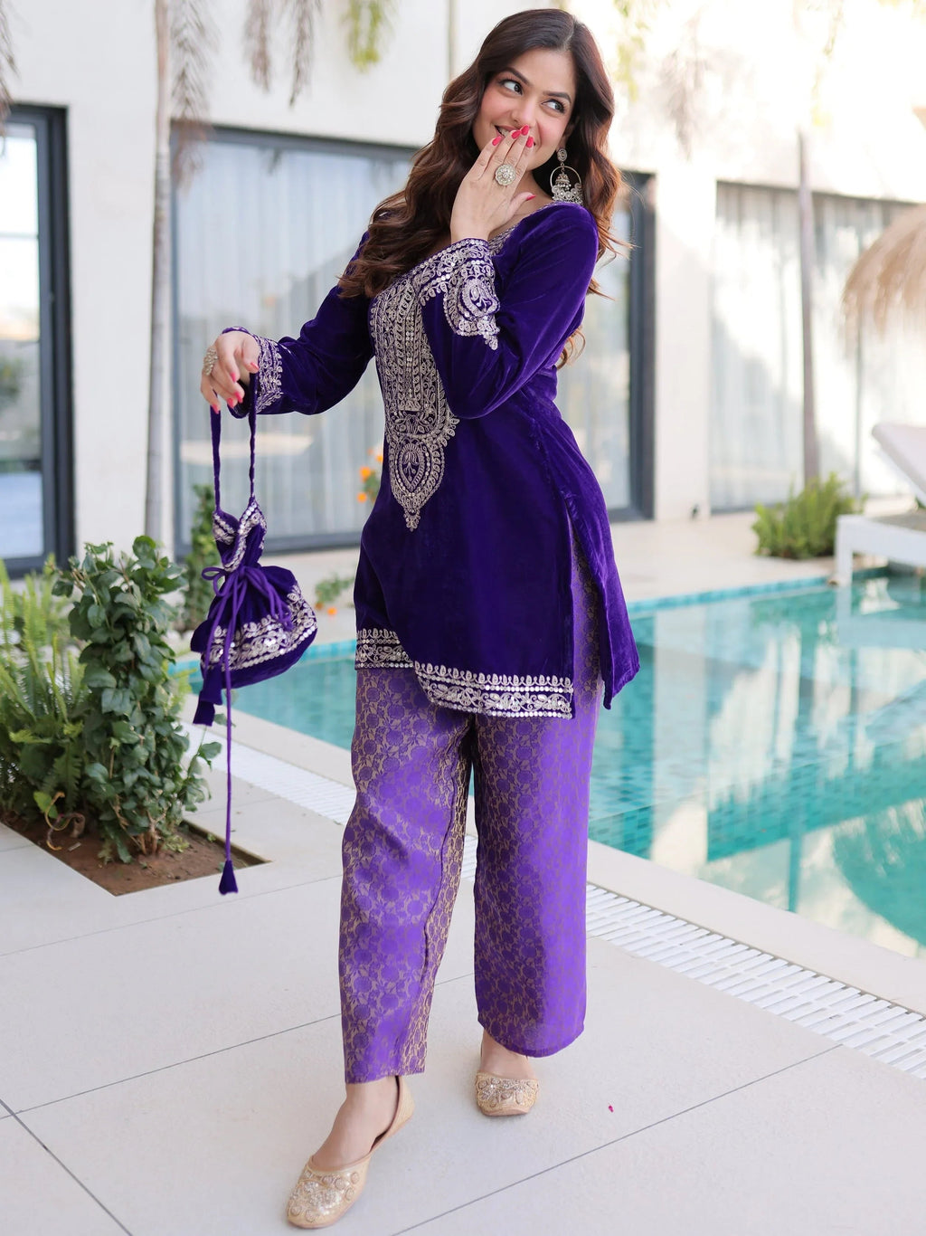 Blue Attractive Embroidered Velvet Festival Wear Salwar Kameez