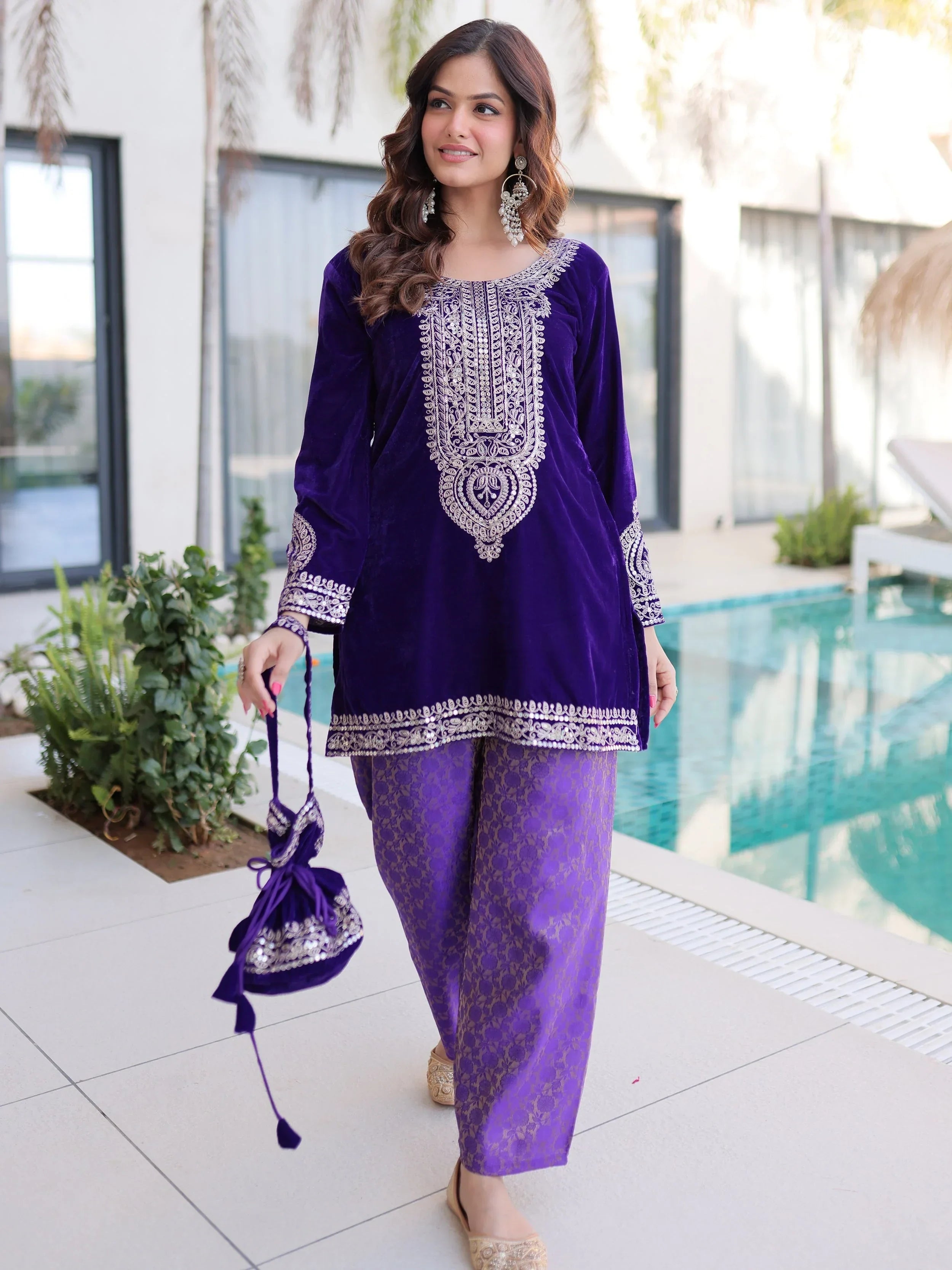 Blue Attractive Embroidered Velvet Festival Wear Salwar Kameez