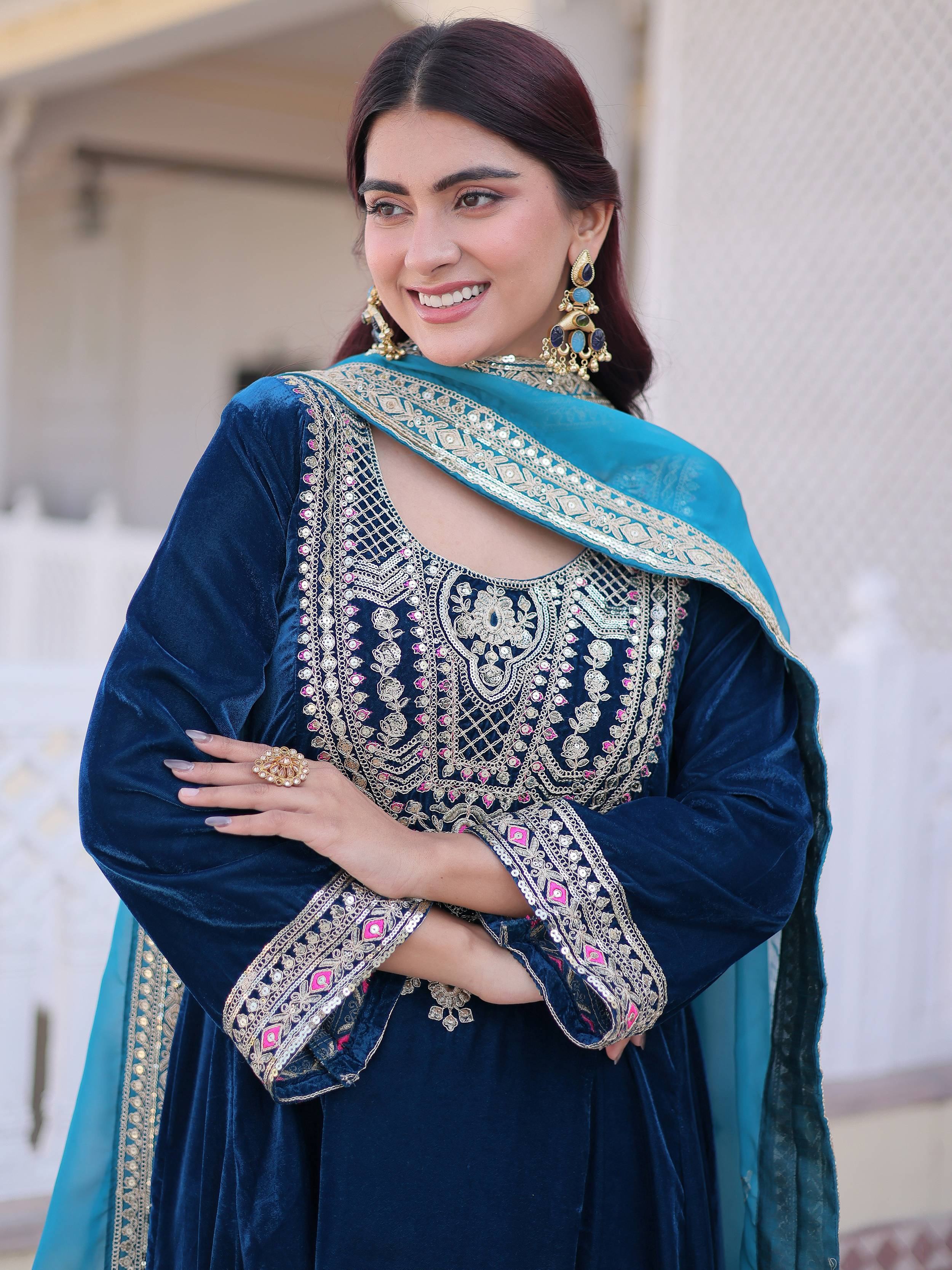 Blue Lovely Embroidered Velvet Festival Wear Salwar Kameez