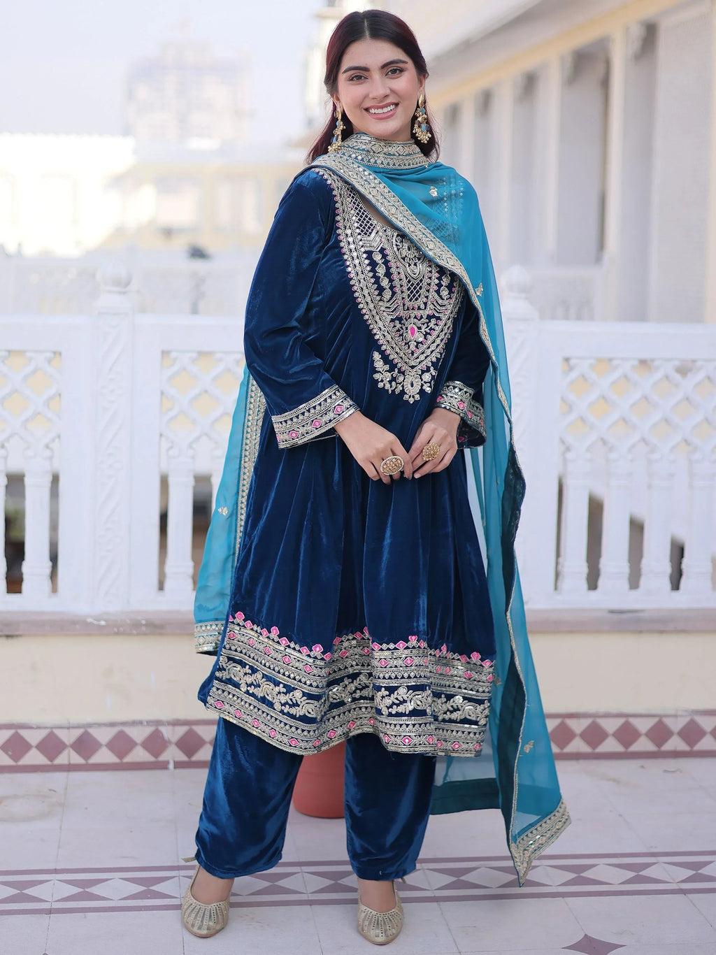 Blue Lovely Embroidered Velvet Festival Wear Salwar Kameez