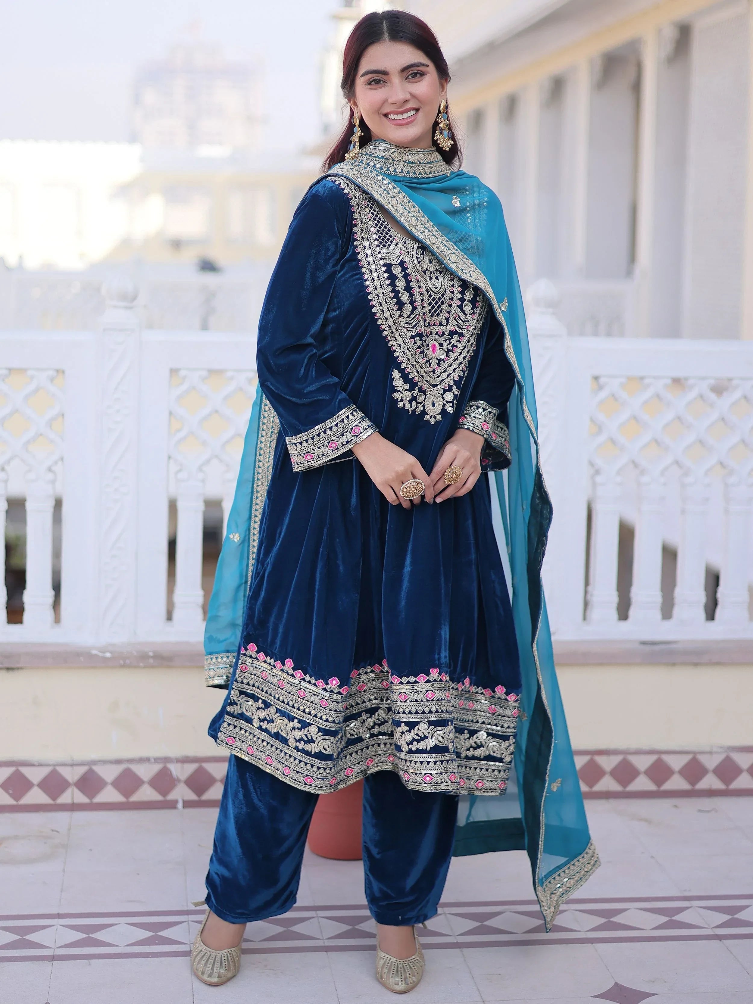 Blue Lovely Embroidered Velvet Festival Wear Salwar Kameez