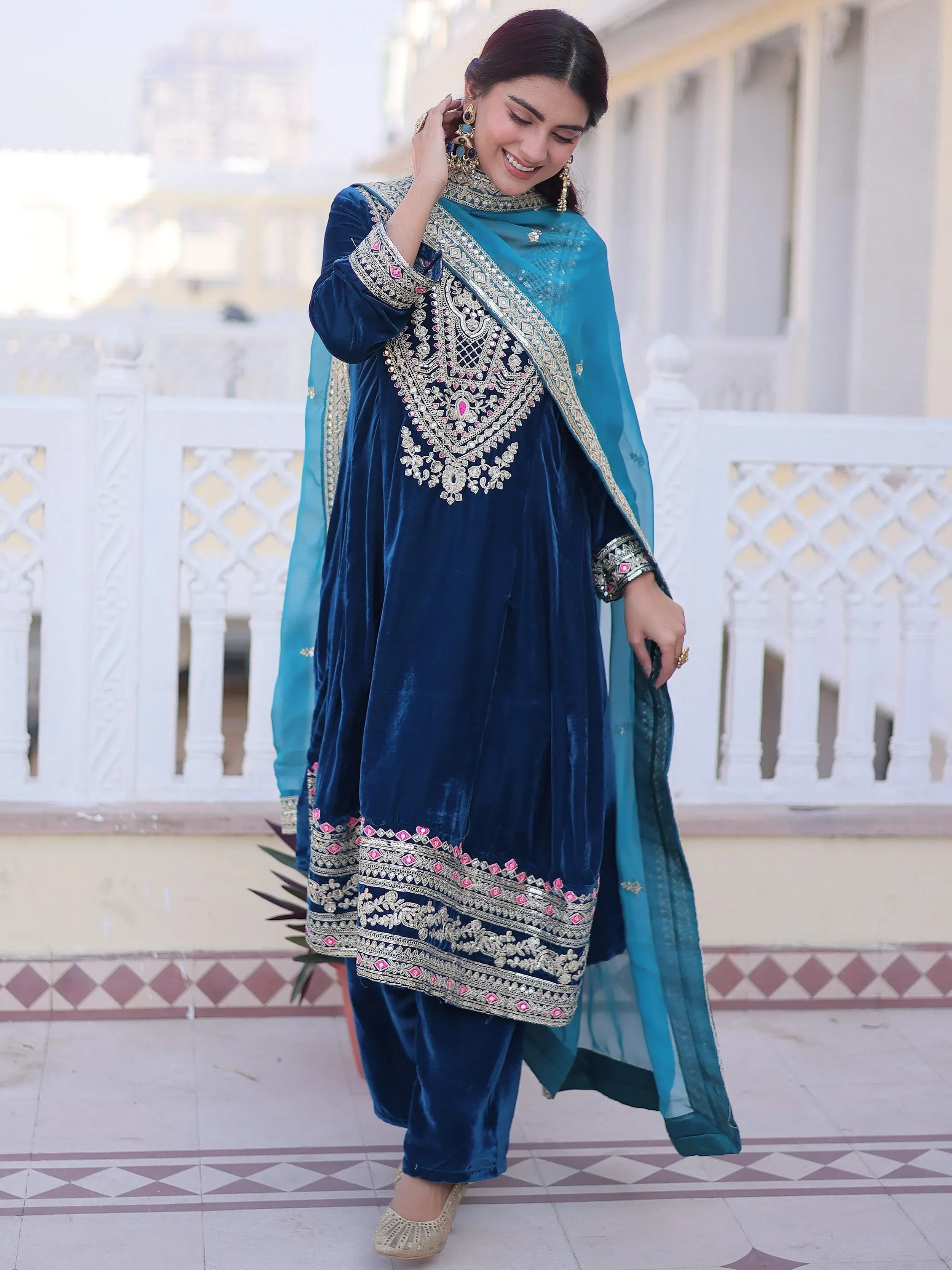 Blue Lovely Embroidered Velvet Festival Wear Salwar Kameez