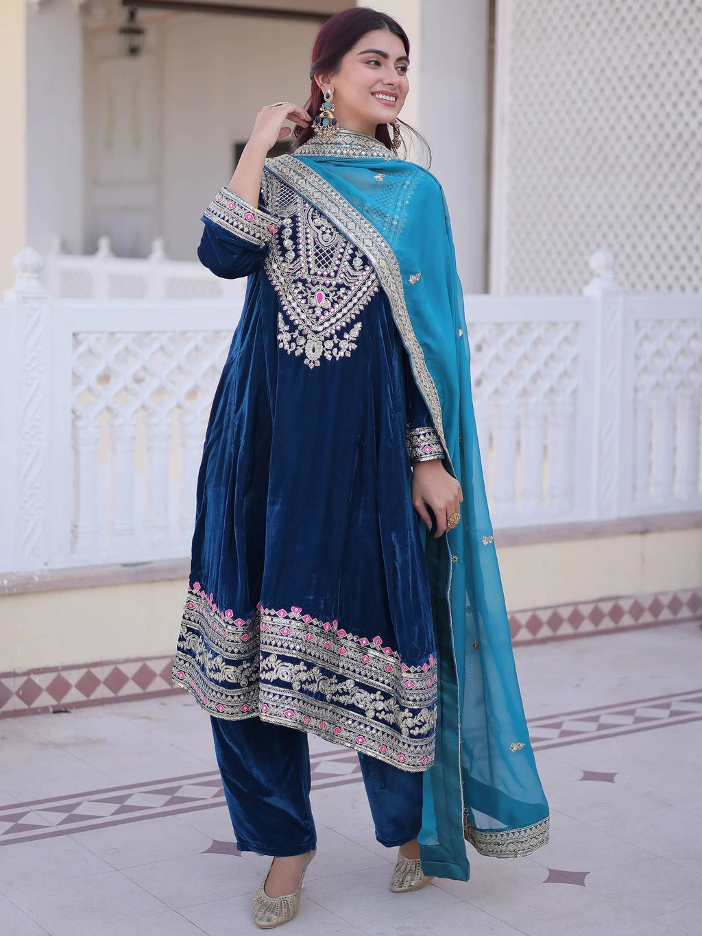 Blue Lovely Embroidered Velvet Festival Wear Salwar Kameez