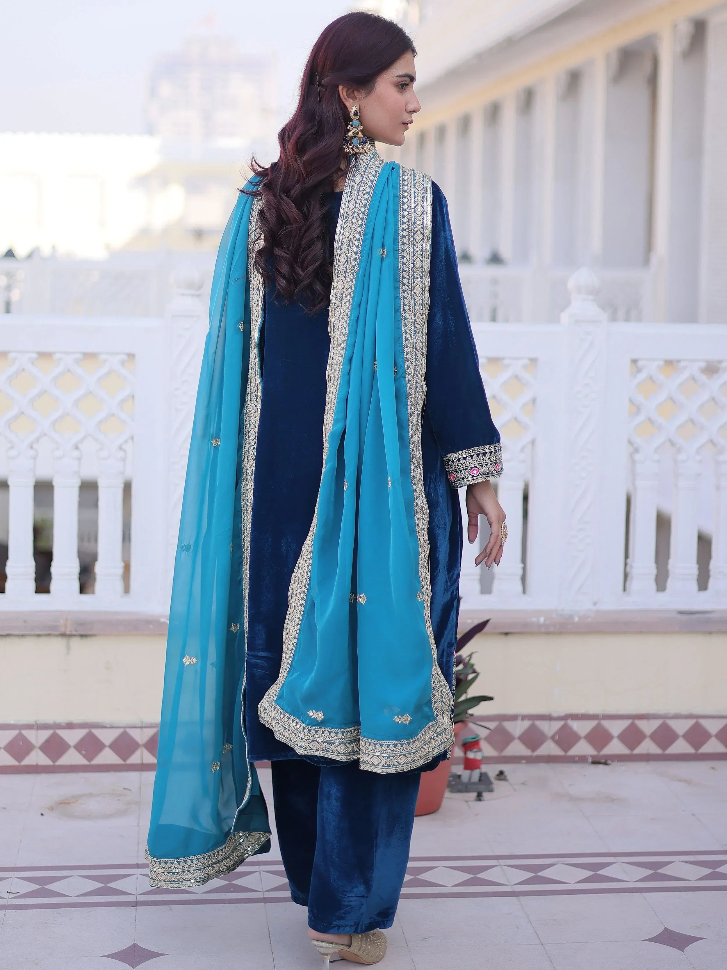 Blue Lovely Embroidered Velvet Festival Wear Salwar Kameez