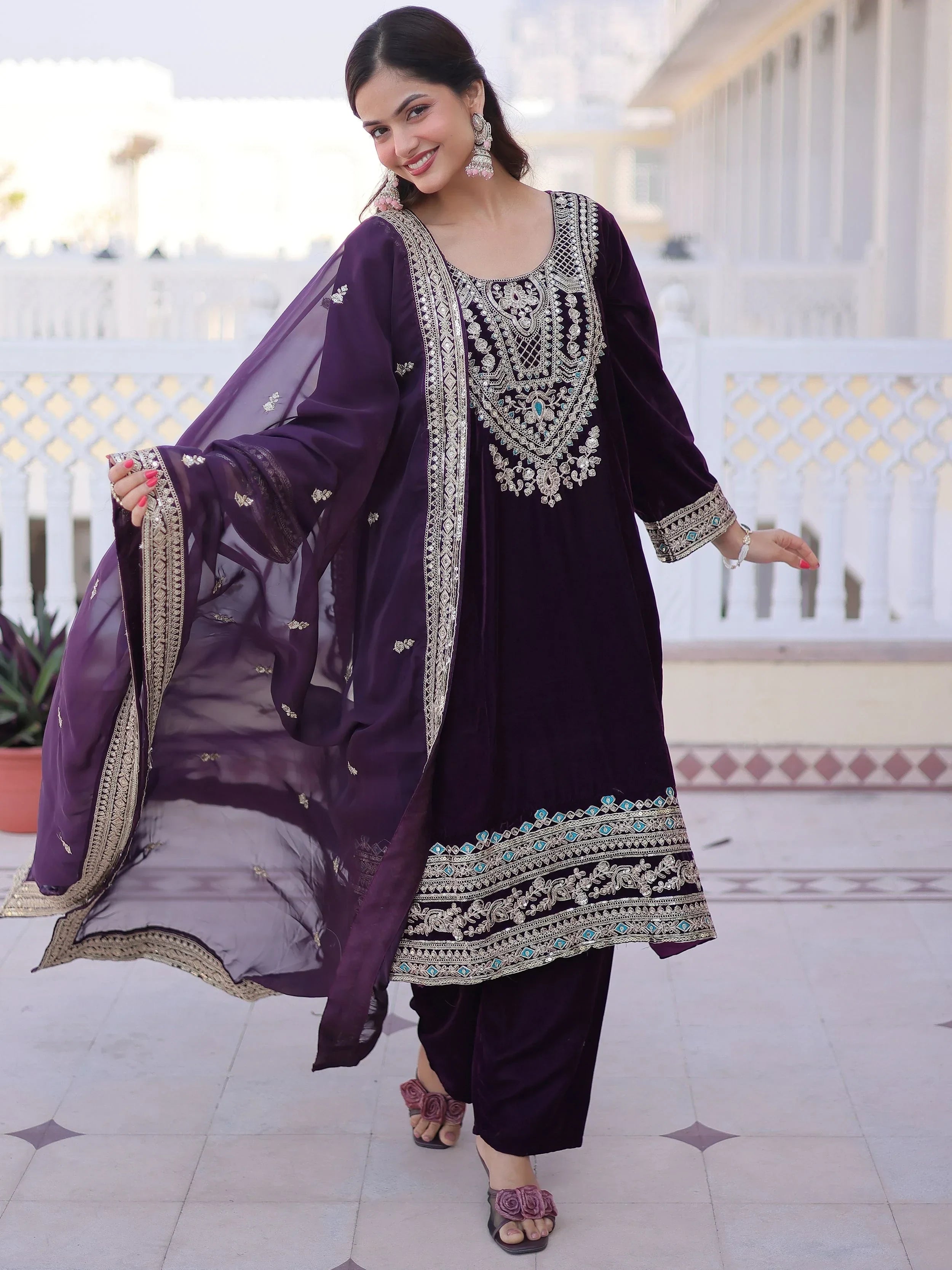 Wine Lovely Embroidered Velvet Festival Wear Salwar Kameez