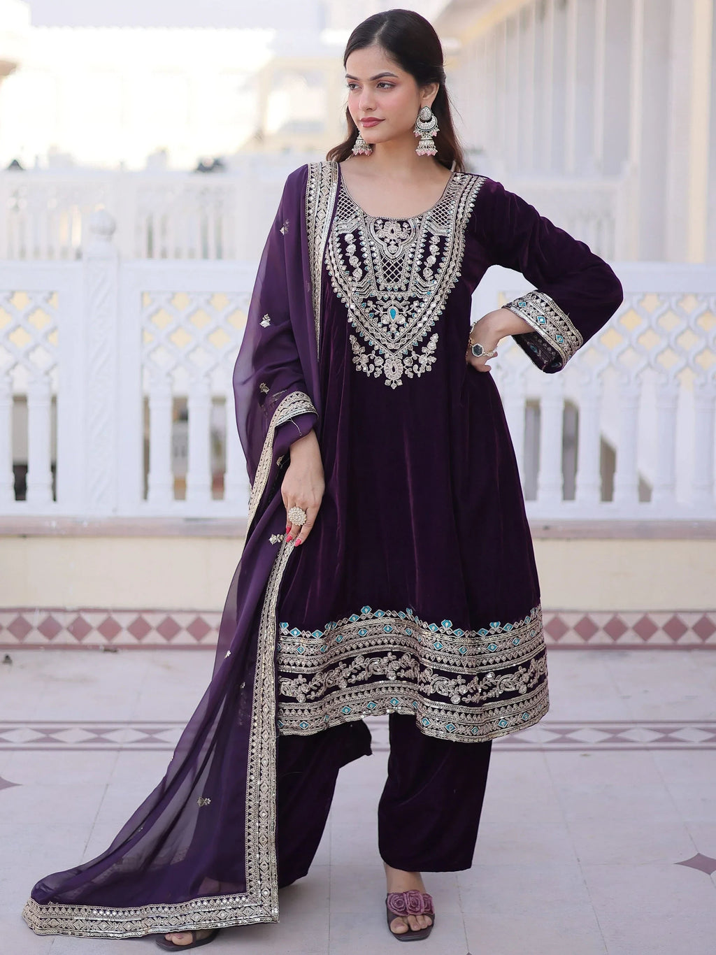 Wine Lovely Embroidered Velvet Festival Wear Salwar Kameez